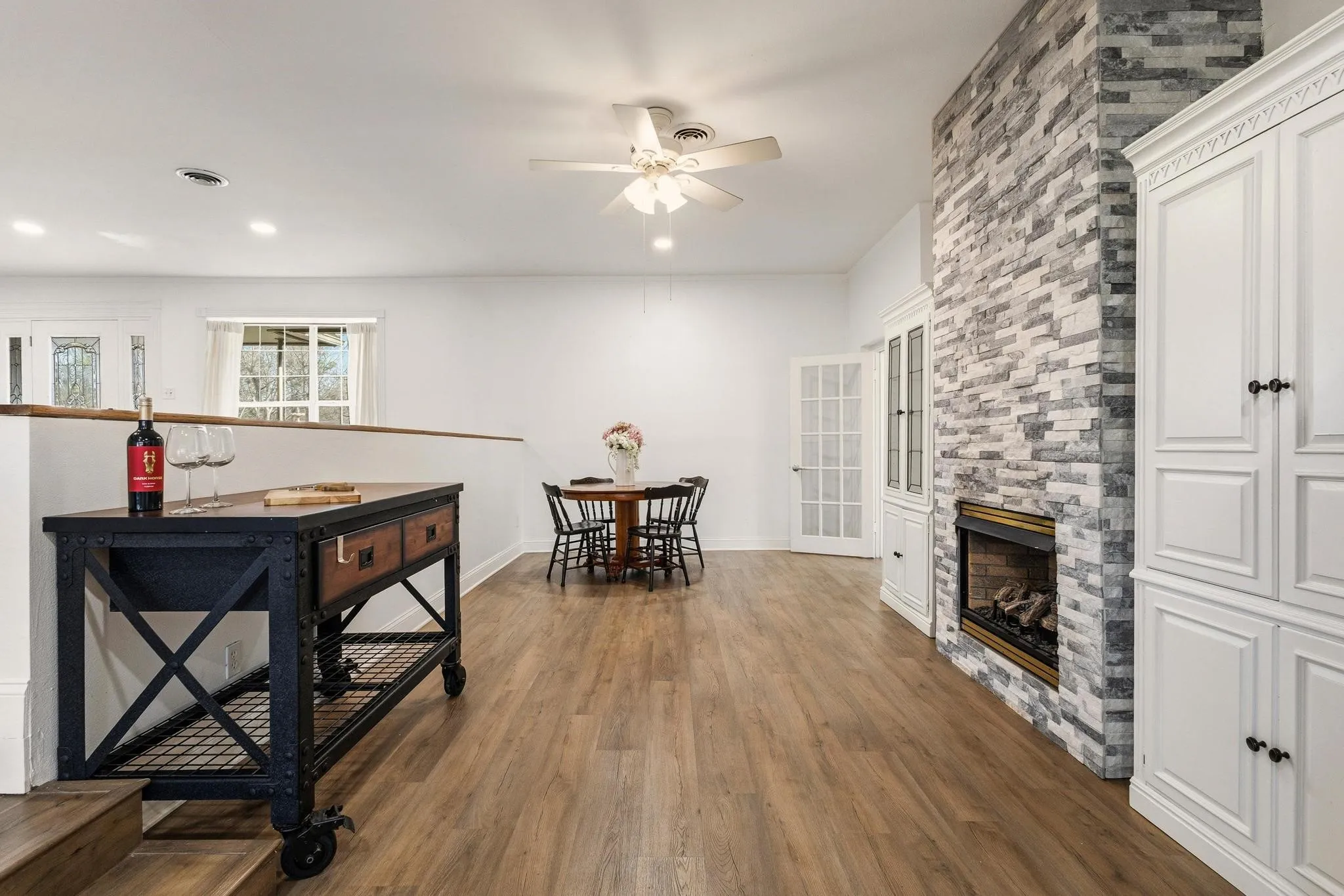 Kitchen with propane fireplace and storage