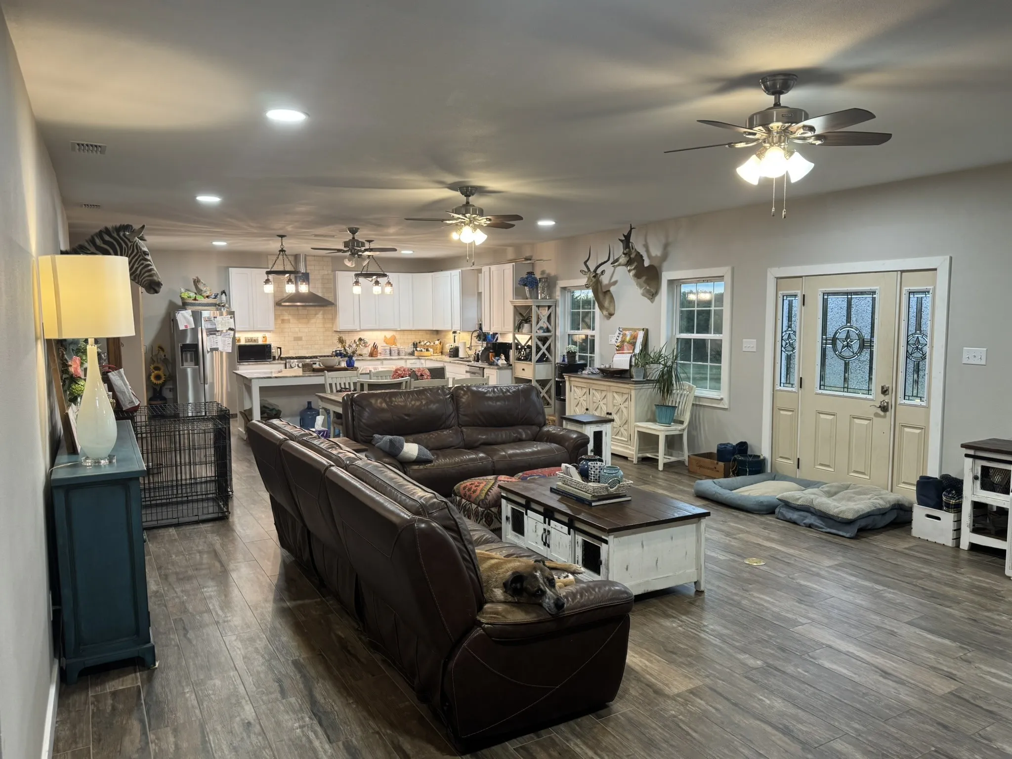 Living room with recessed lighting, dark wood-style flooring, and a ceiling fan