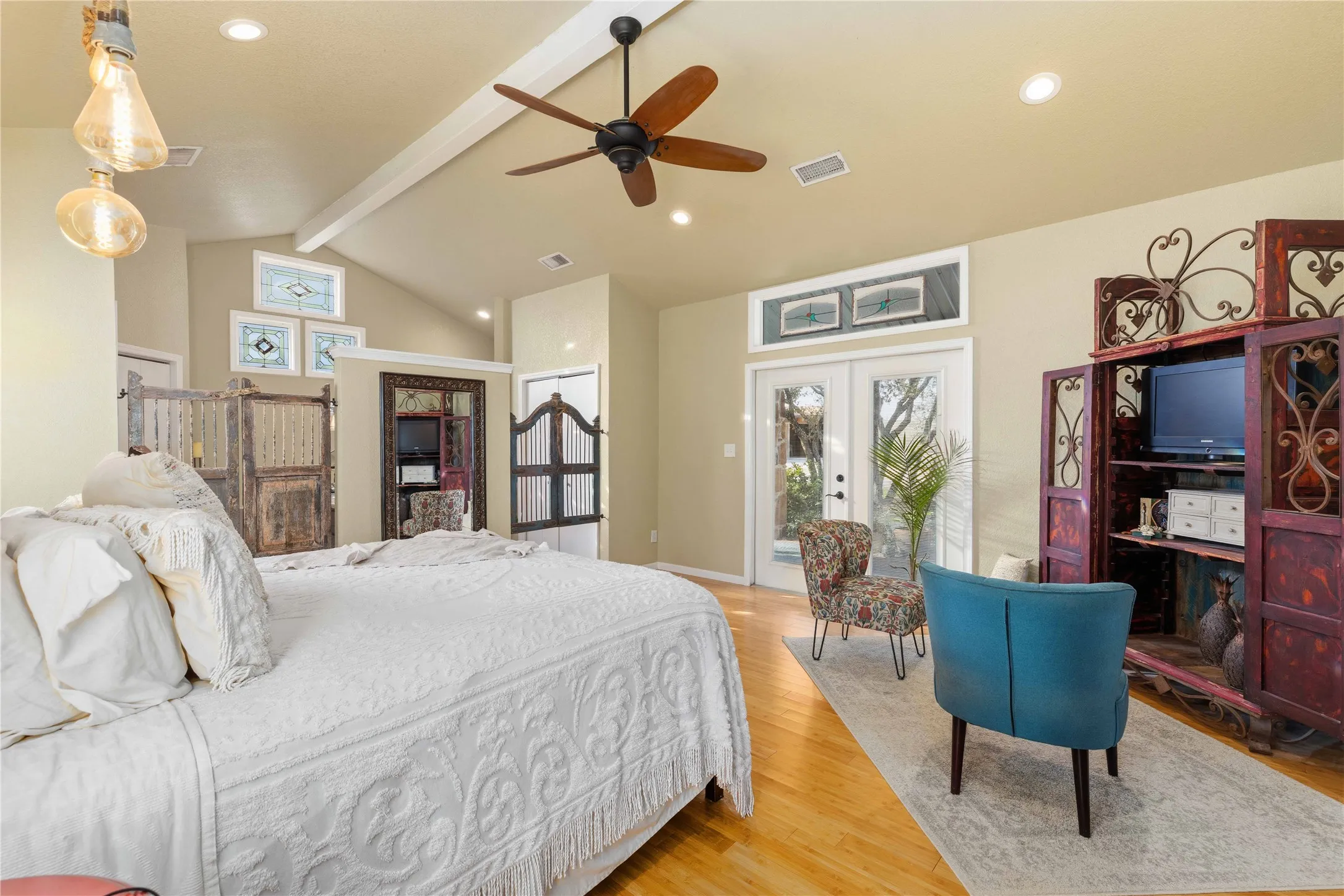 Bedroom with french doors, recessed lighting, light wood-style floors, access to outside, and a ceiling fan