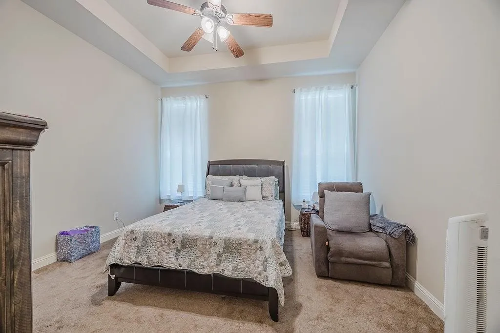 Bedroom with a tray ceiling, carpet flooring, a ceiling fan, and multiple windows