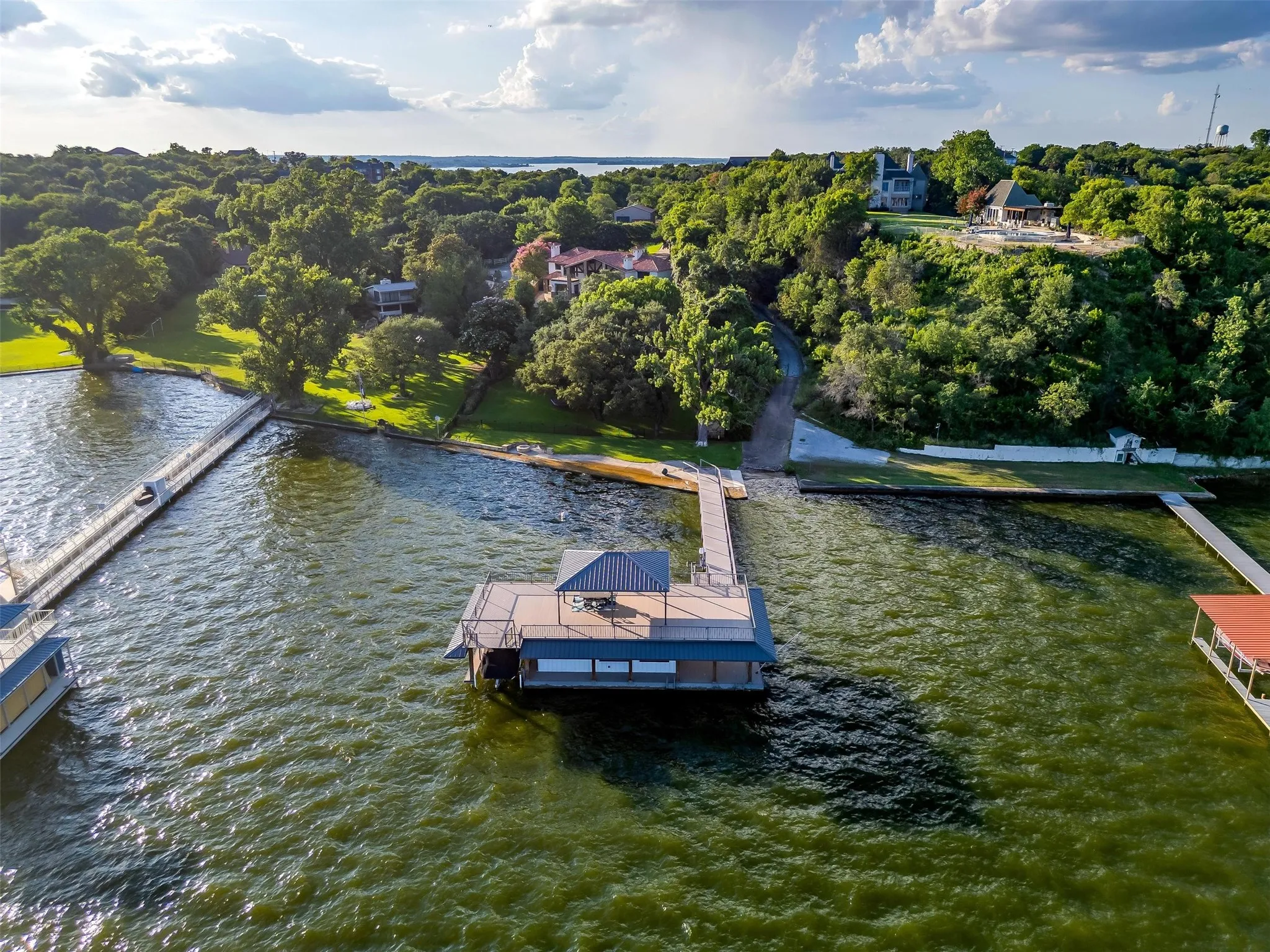The two story dock with dockside lounge with bar is one of the largest on the entire lake.