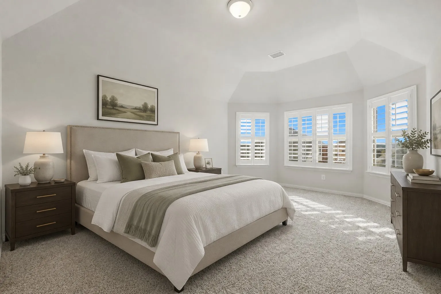 Spacious room featuring light-toned walls, vaulted ceilings, and plush carpeting