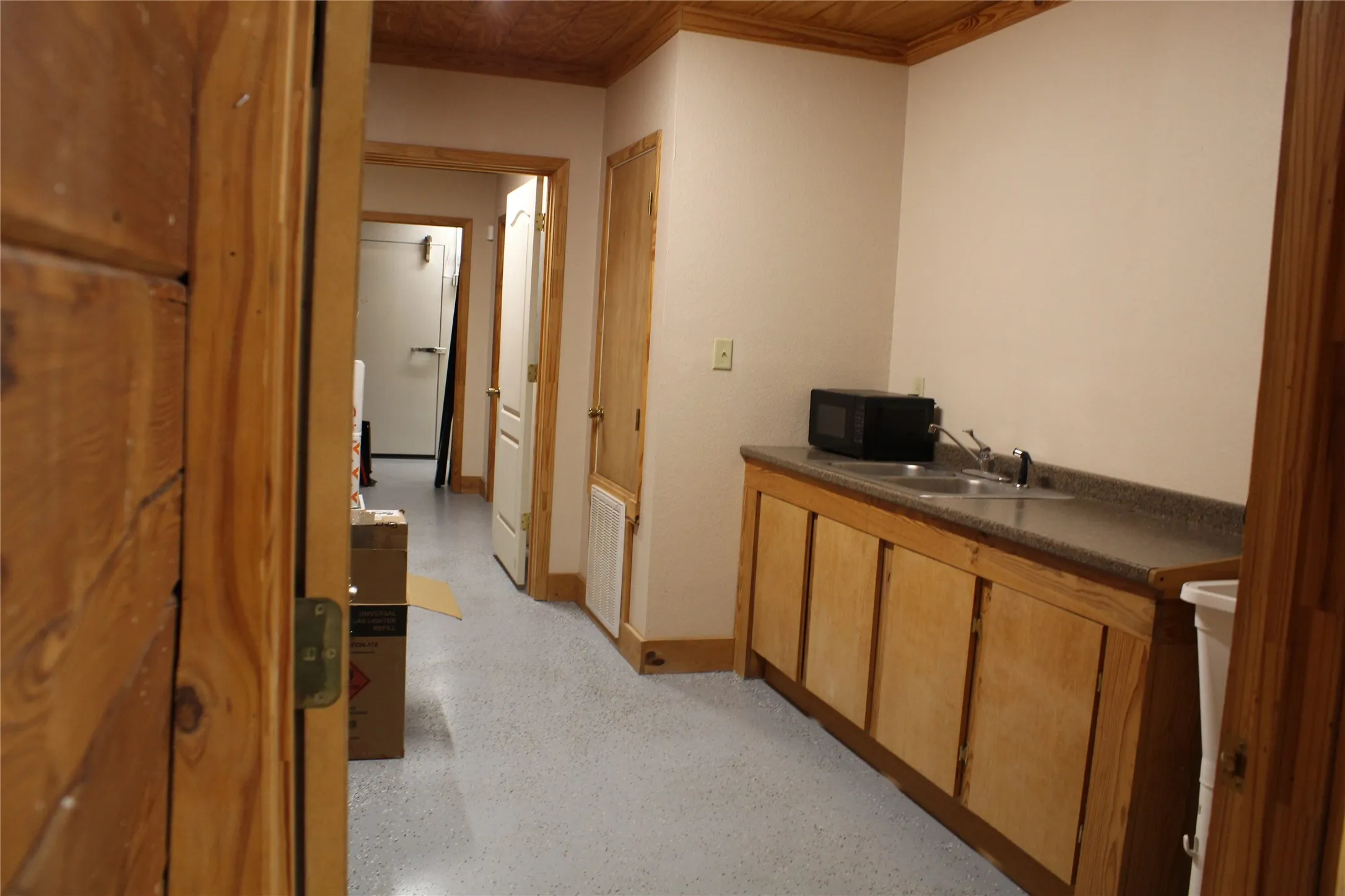 There is storage are and restrooms