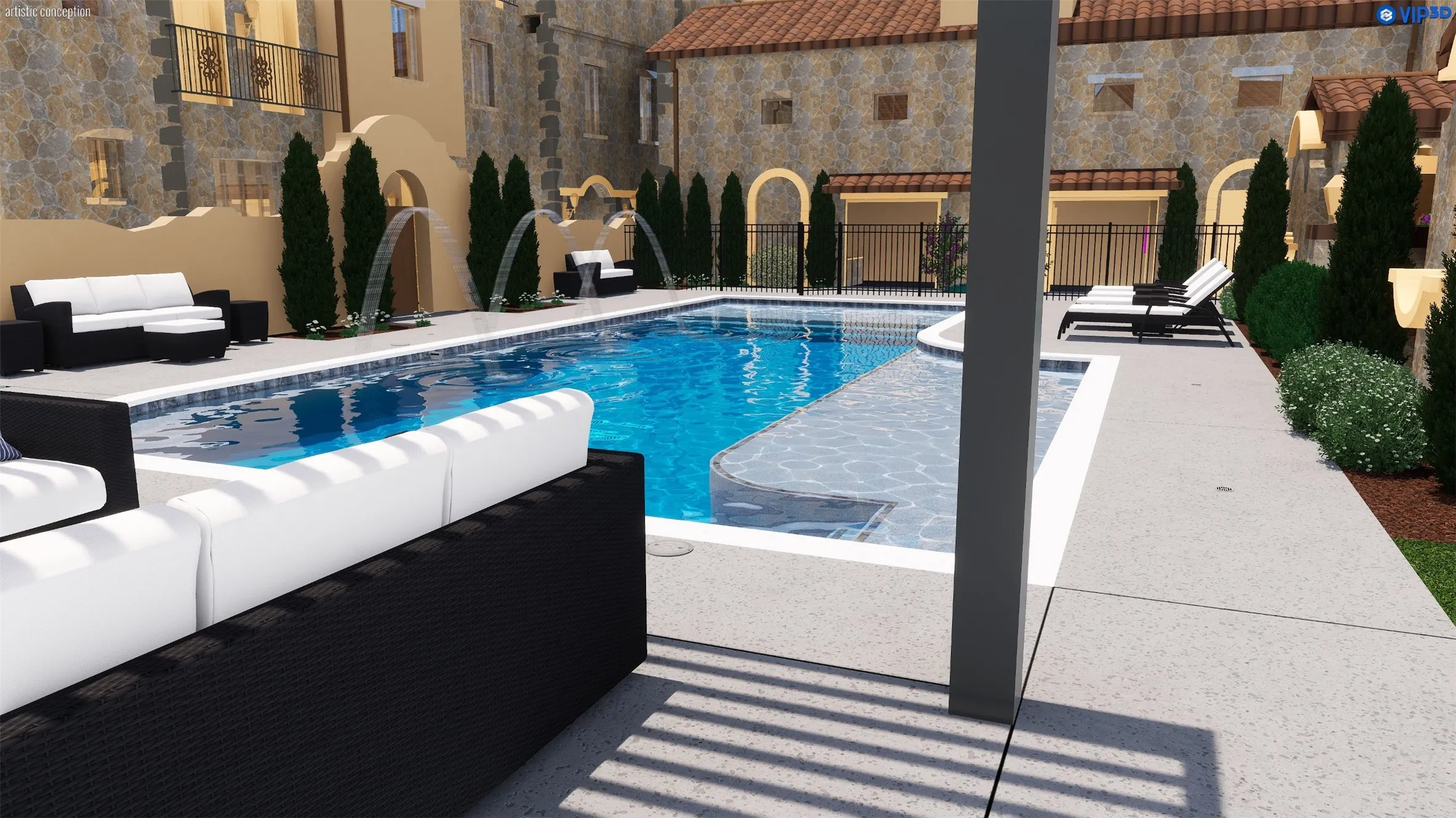Another pool rendering for the Claffey Pools designed pool, cabana and courtyard.
