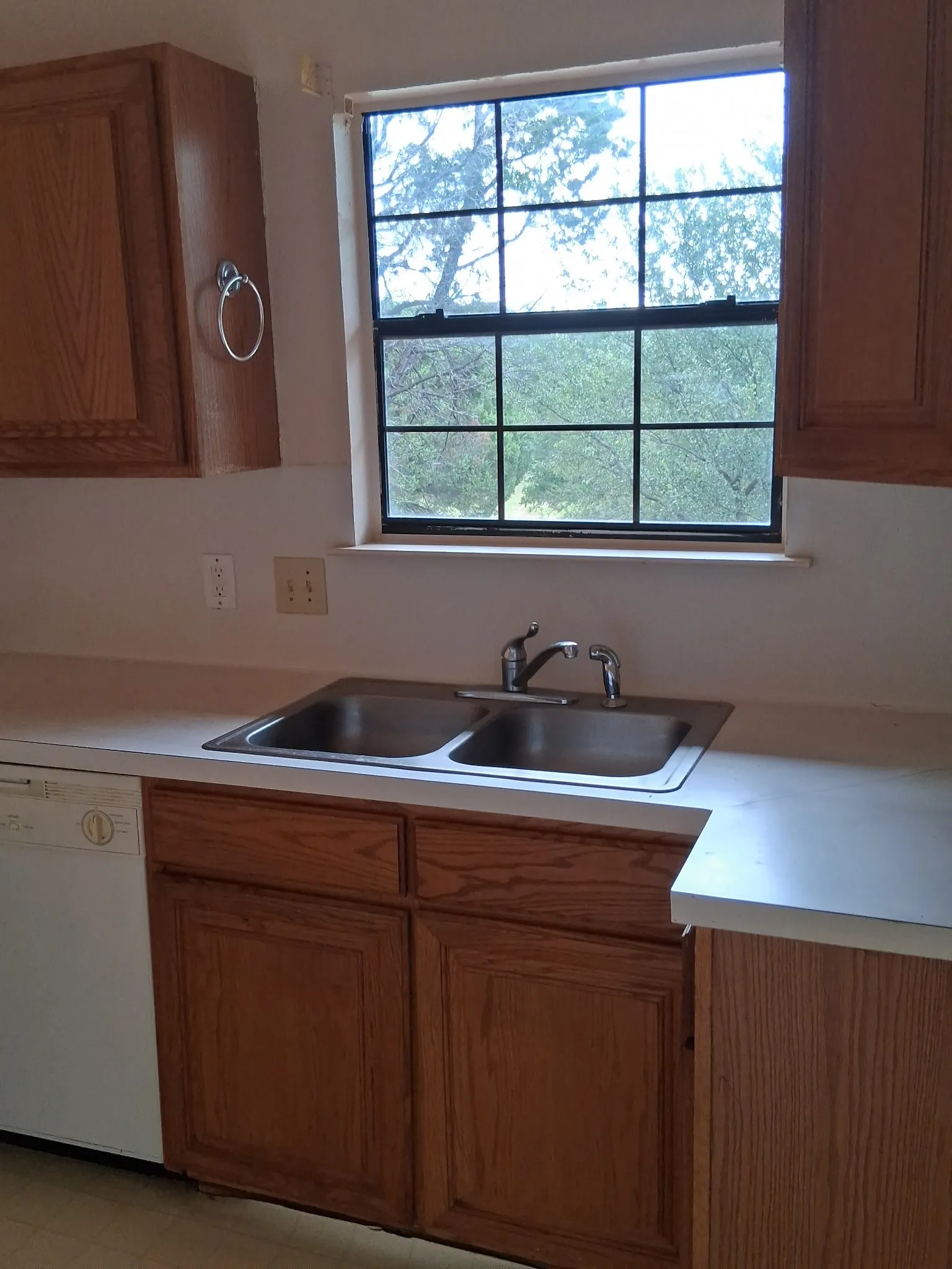 Kitchen sink area featuring a double basin stainless steel sink, chrome faucet, and a window with divided lites