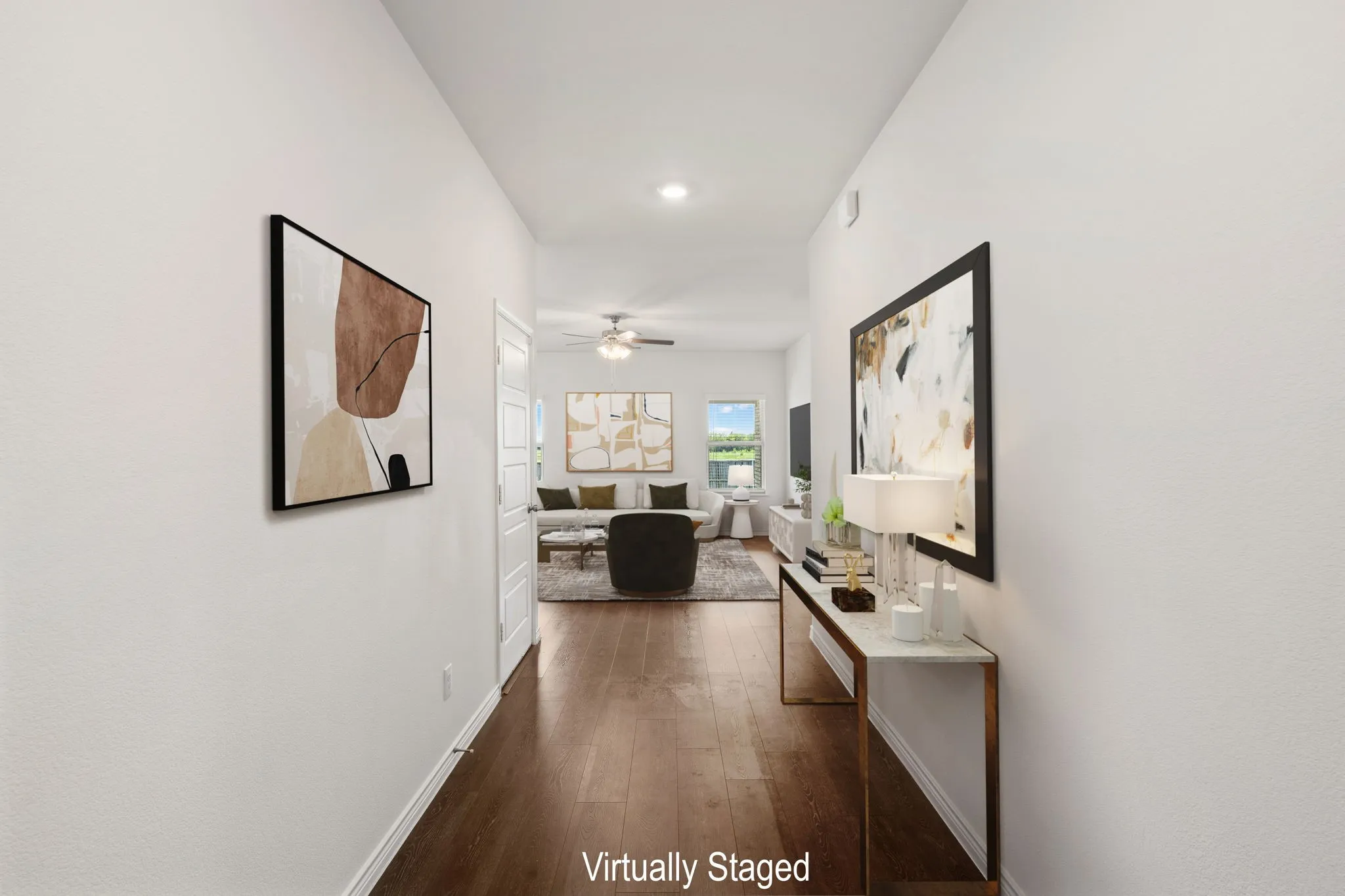 Hallway featuring wood-finish flooring, recessed lighting, and white walls