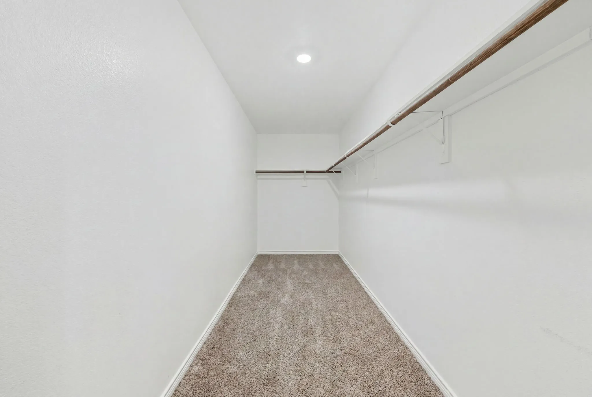 Spacious walk-in closet featuring light beige carpet flooring, multiple clothing rods, and recessed ceiling lighting