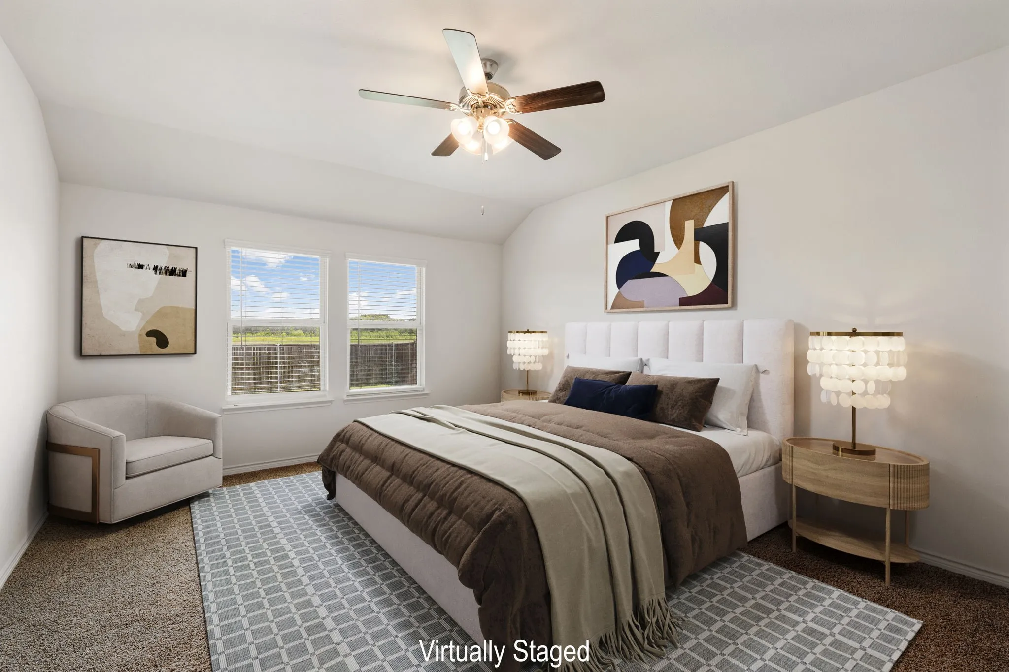 Bedroom featuring white walls, a vaulted ceiling, a ceiling fan with light fixture, and two windows