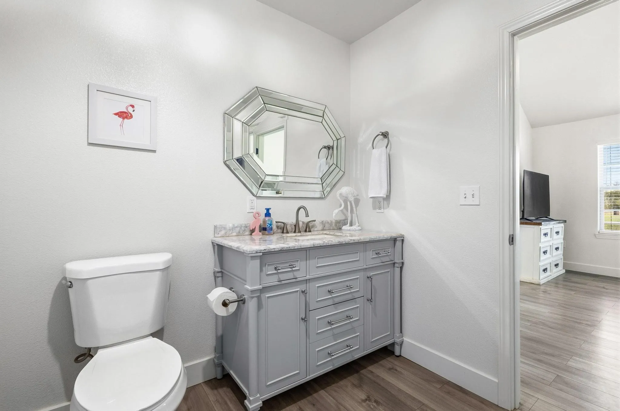 Half bath with vanity and dark wood-type flooring