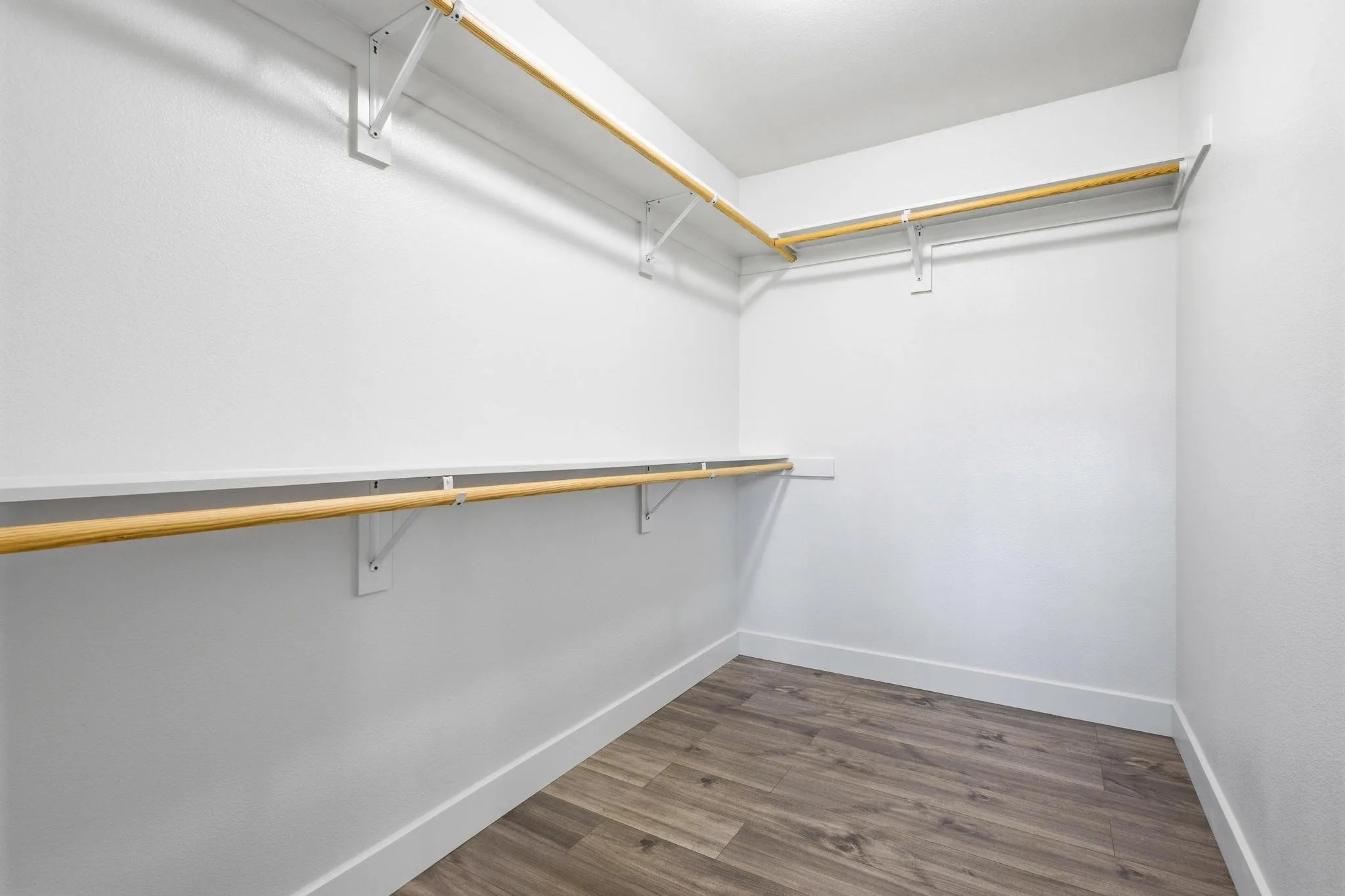 Walk in closet with dark wood-style floors