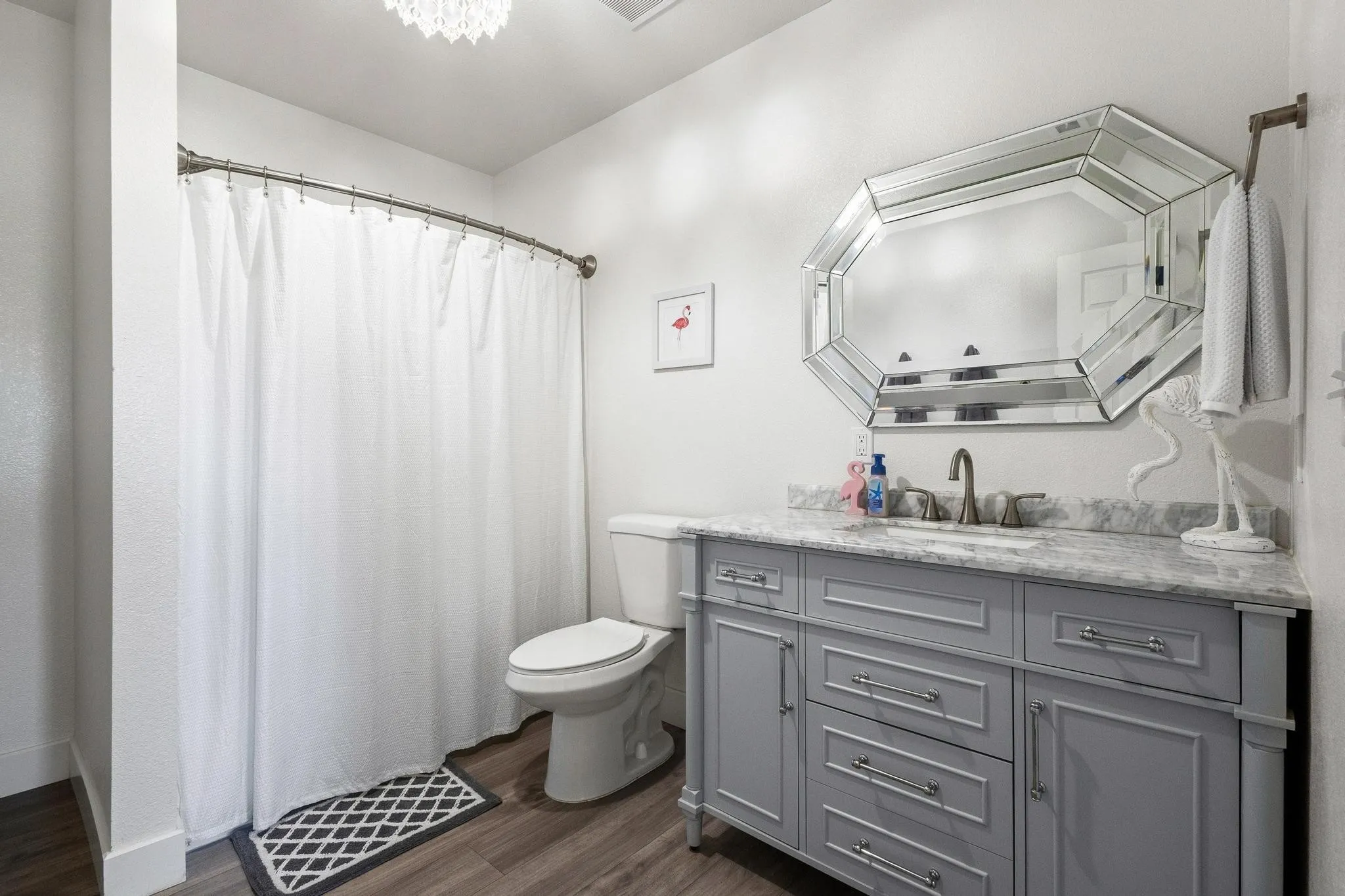 Full bath with vanity, dark wood-style flooring, and a shower with shower curtain