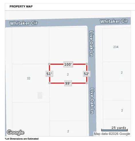 Property Map. Displaying the estimated lot dimensions and surrounding streets for the property