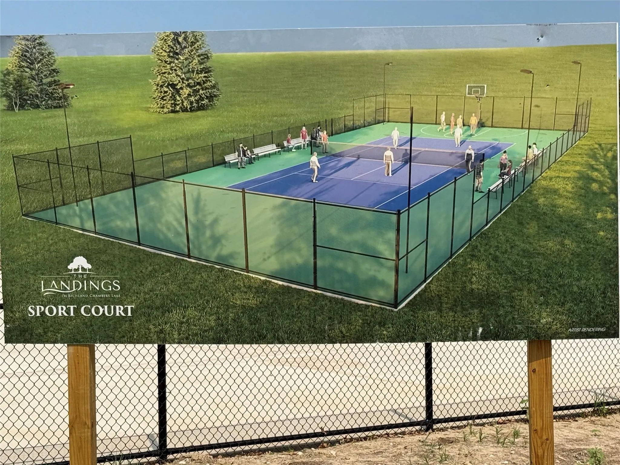 The Landings Sport Court rendering showcases a multi-sport court with a blue and green surface, enclosed by black fencing