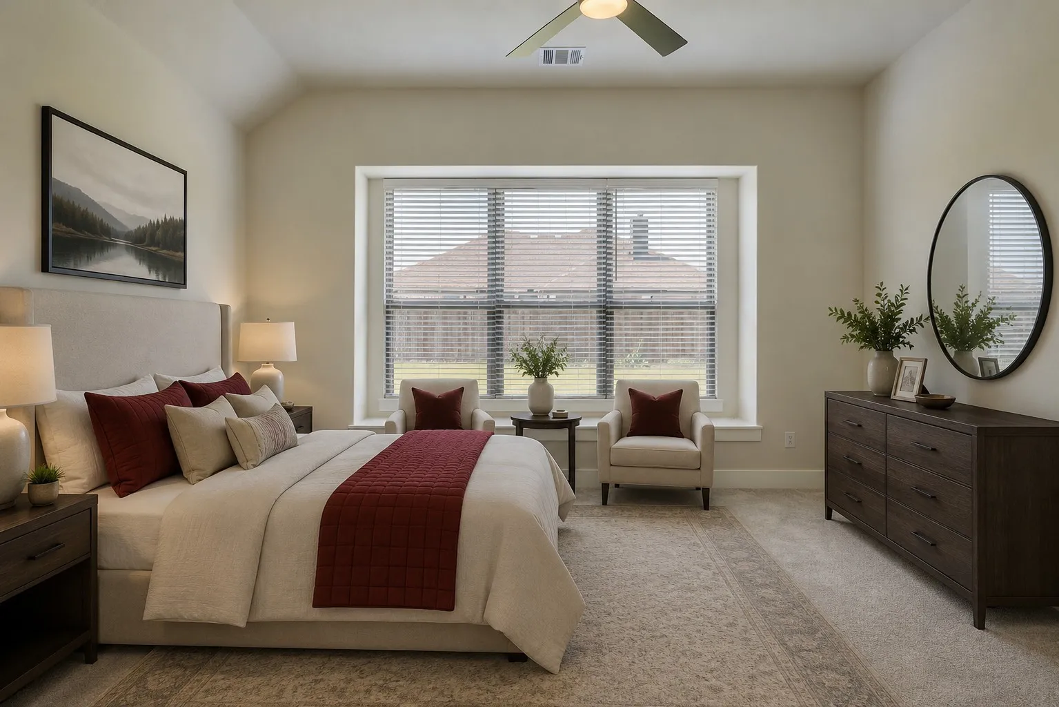 Virtually staged. Spacious room featuring vaulted ceilings, a large window with blinds, and neutral carpeting