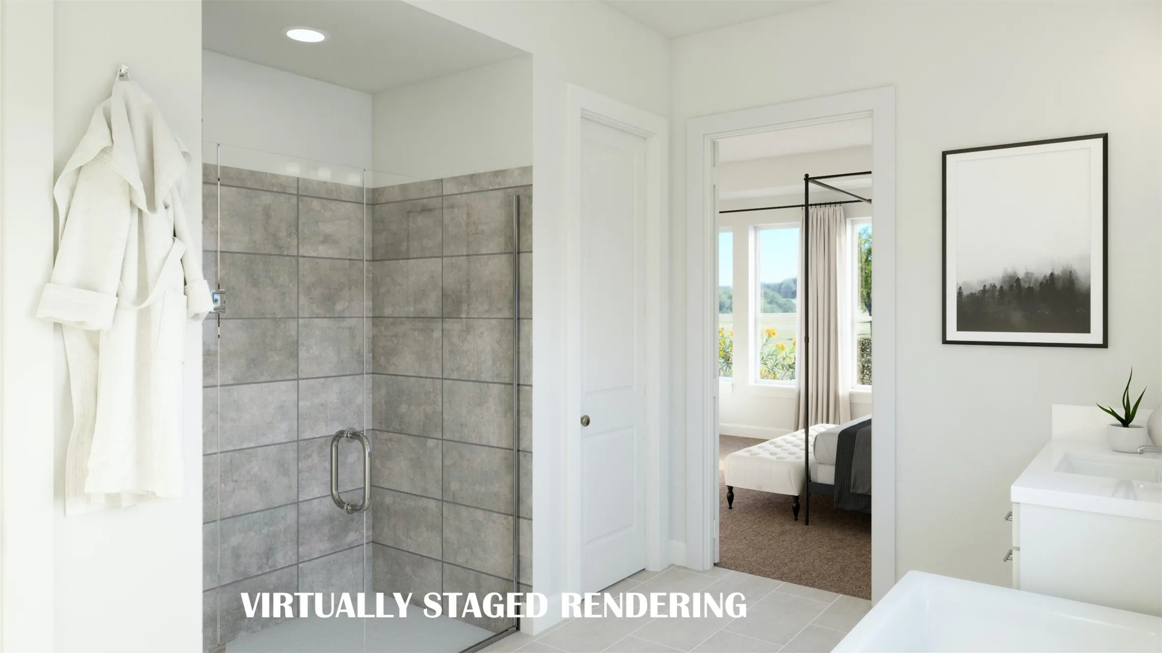 The oversized, walk in shower in your new owner's bath is the perfect place to start or end your day.  VIRTUALLY STAGED RENDERING