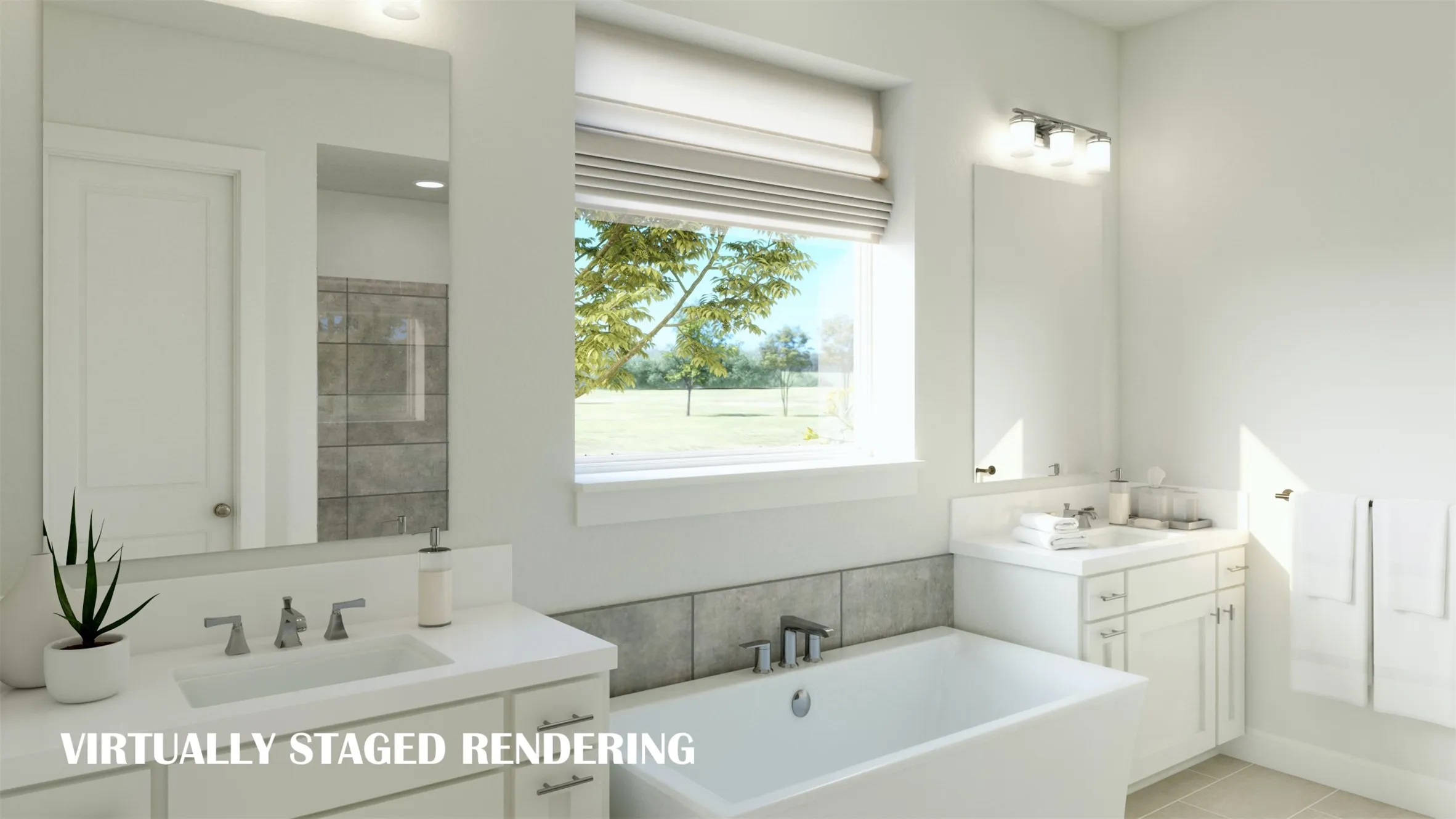 With his and her vanities, this owner's bath offers plenty of space for two!  VIRTUALLY STAGES RENDERING