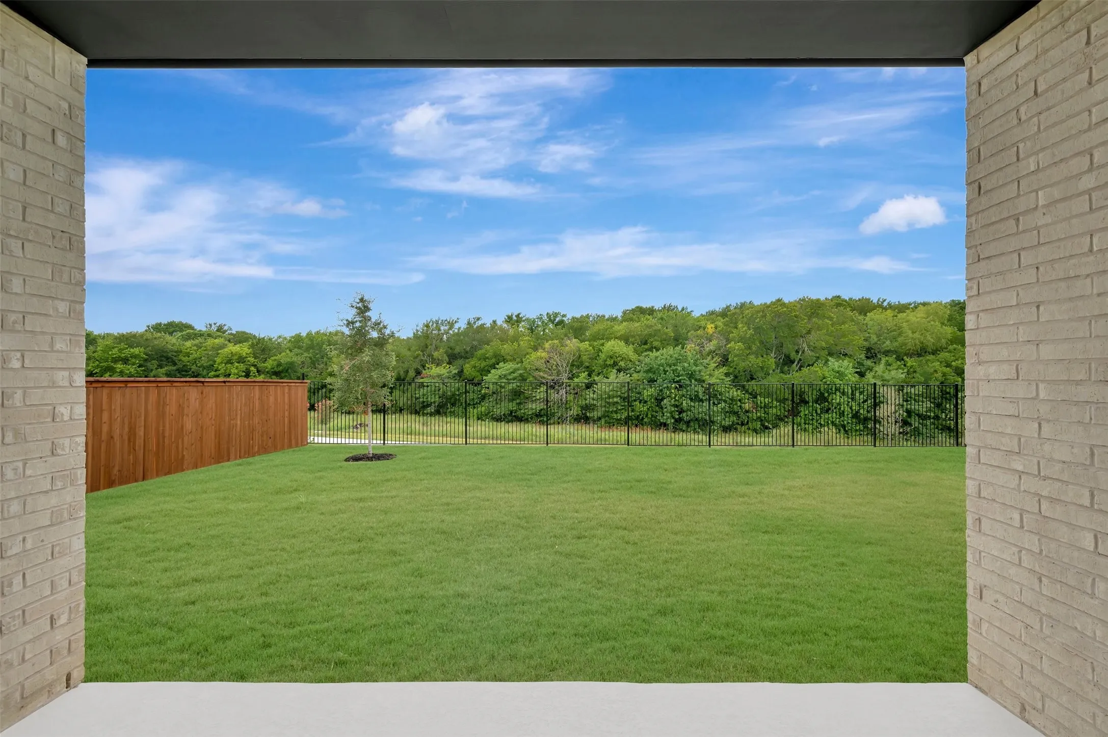 Expansive backyard featuring a lush lawn, a privacy fence, and a black metal fence bordering a wooded area
