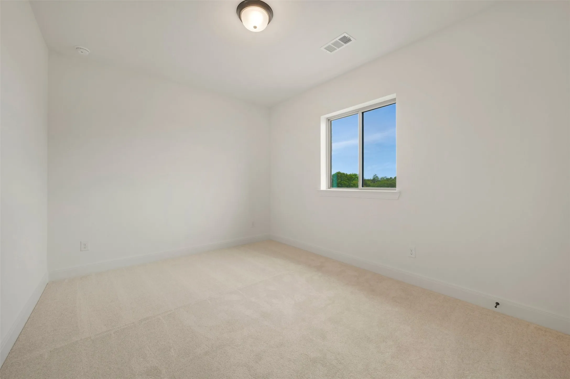 Carpeted room with a single window and an overhead flush-mount light fixture