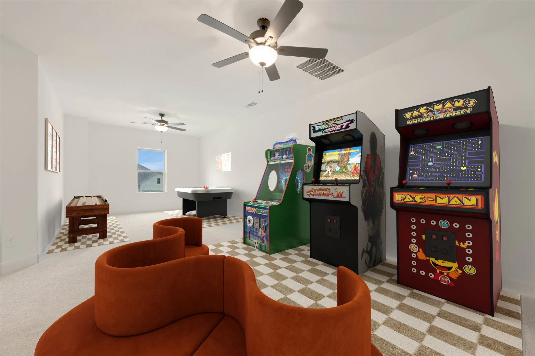 Spacious bonus room featuring light-colored carpeting and a checkerboard-patterned floor inlay