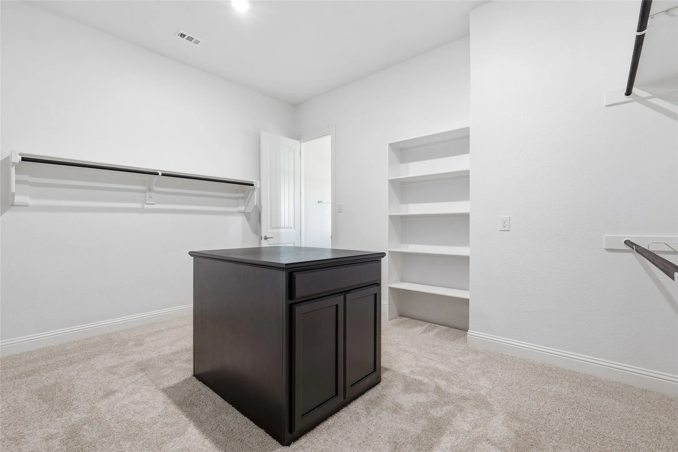 Walk in closet featuring light carpet