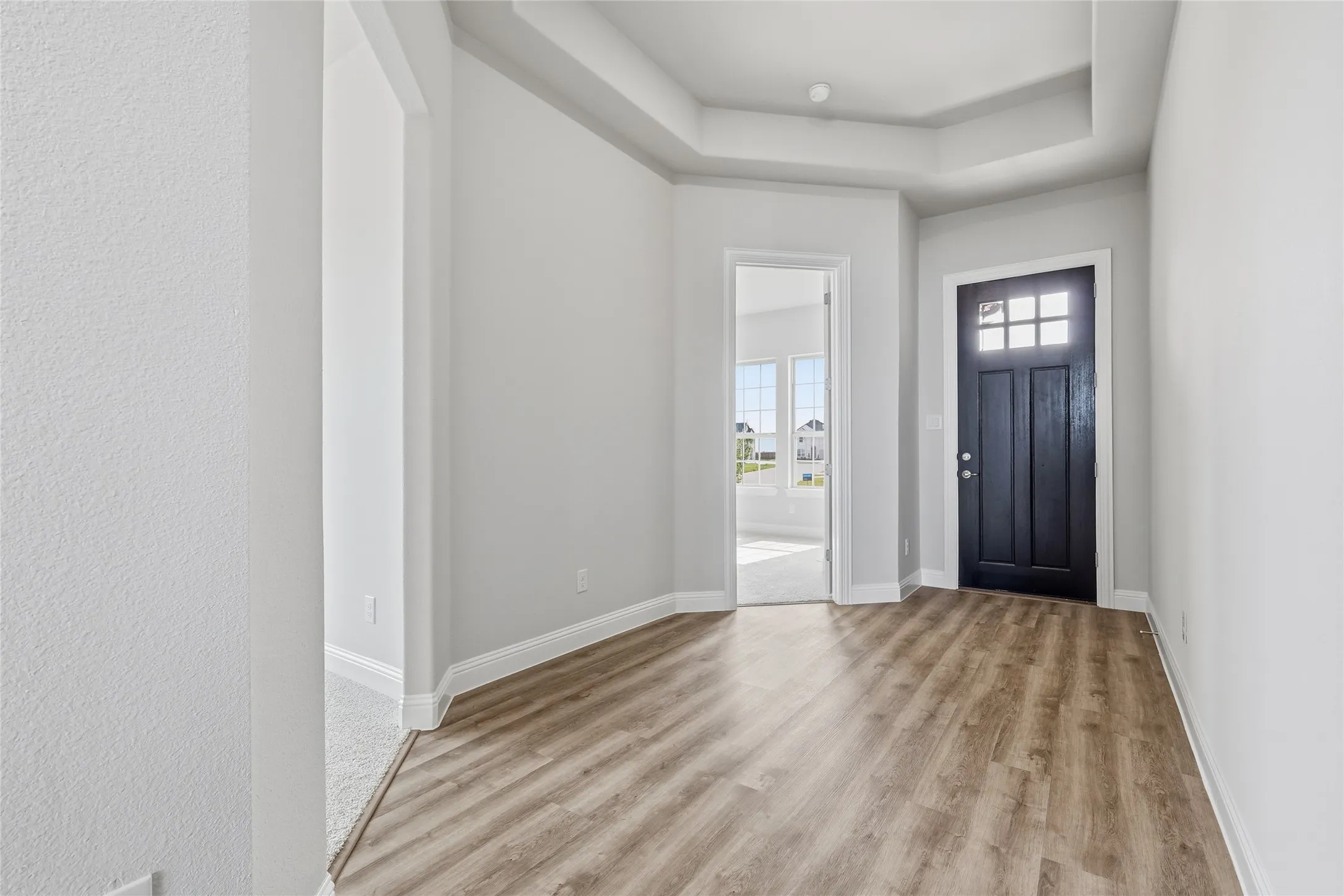 Foyer entrance with a raised ceiling and light wood finished floors