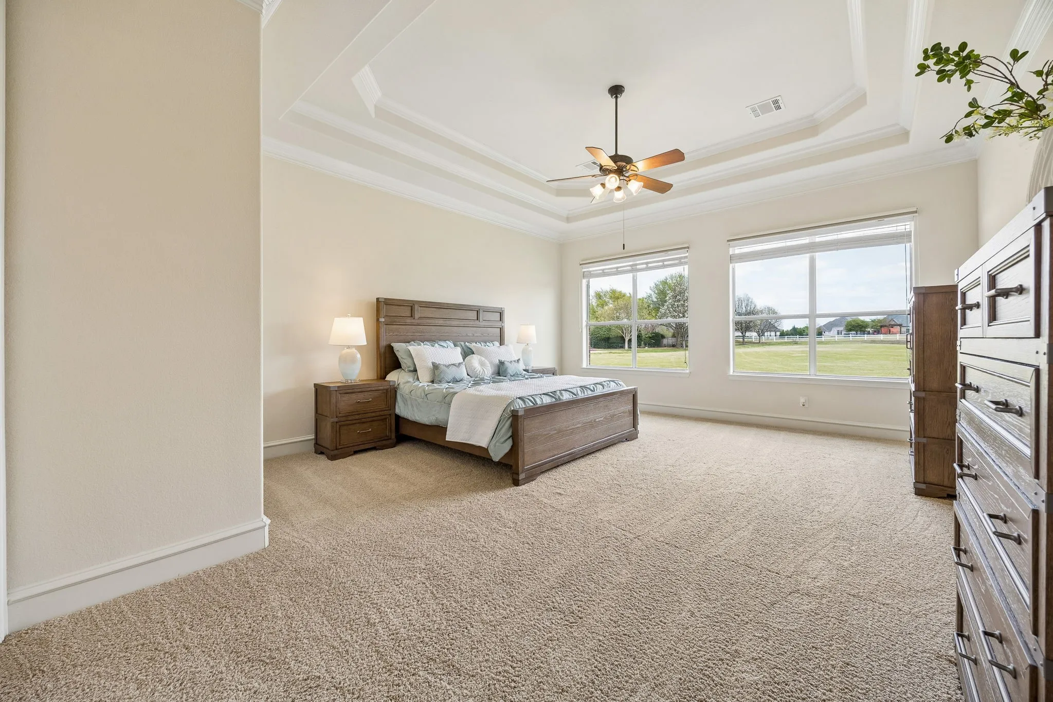 Primary bedroom with trey ceiling
