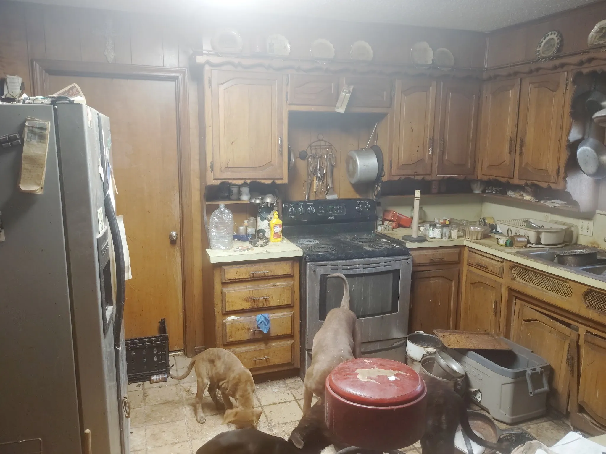 Kitchen featuring white fridge with ice dispenser, stainless steel electric range oven, wood finish cabinets, and light countertops