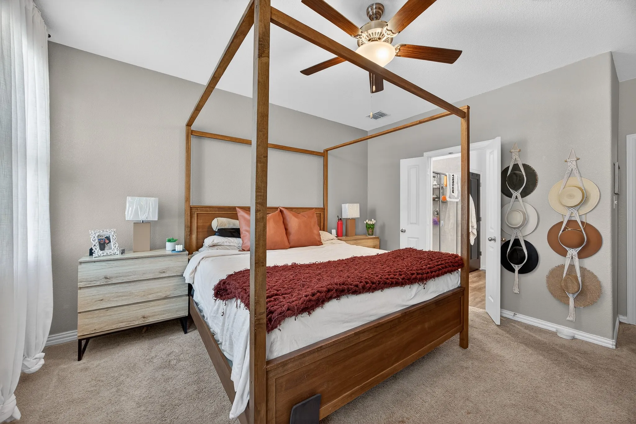 Bedroom featuring carpet flooring and ceiling fan