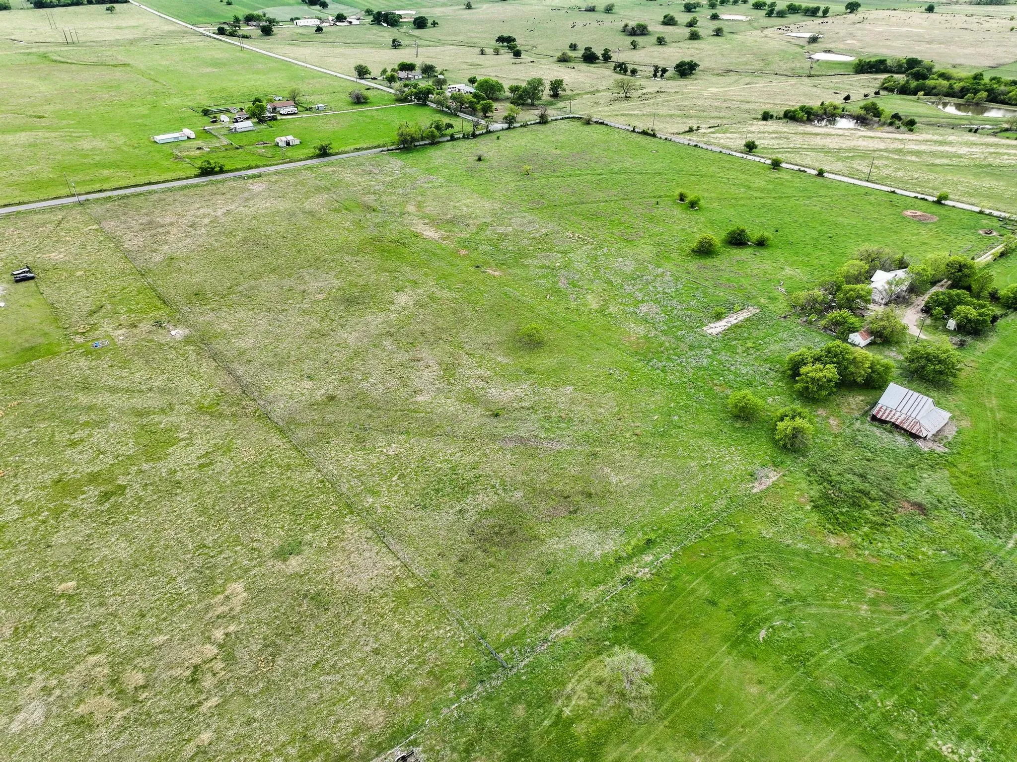 Expansive green pastureland with scattered trees and a visible rural road