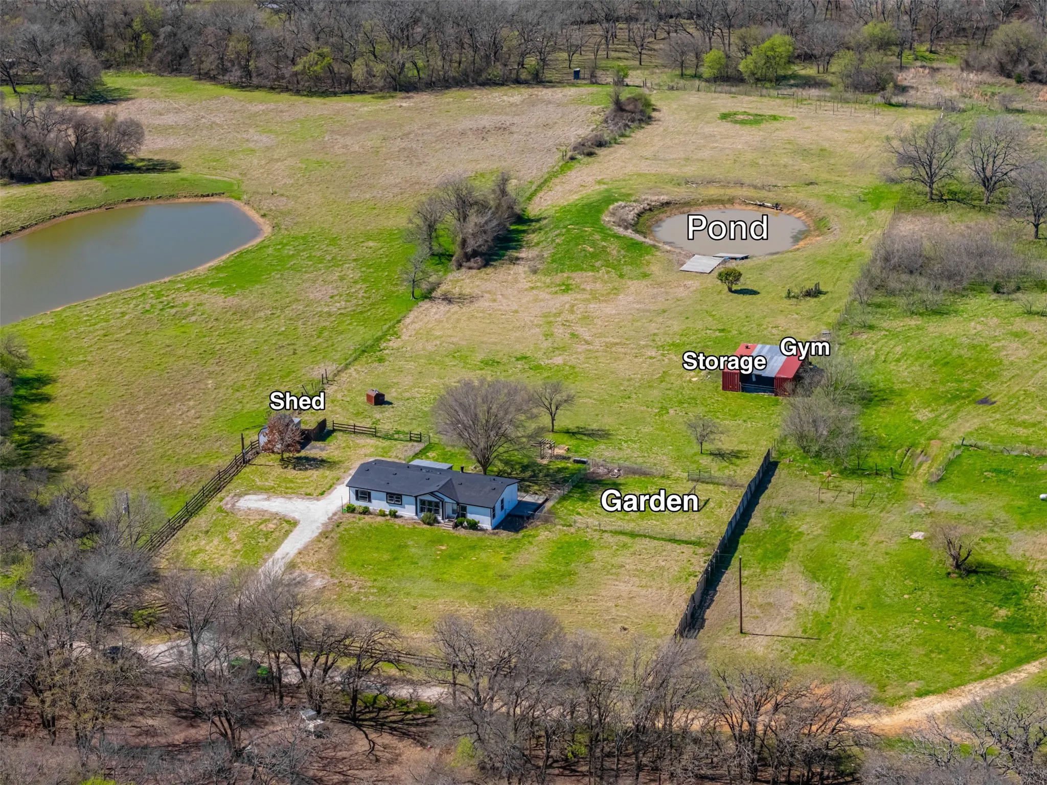 Drone view of peaceful countryside retreat in Whitney Texas