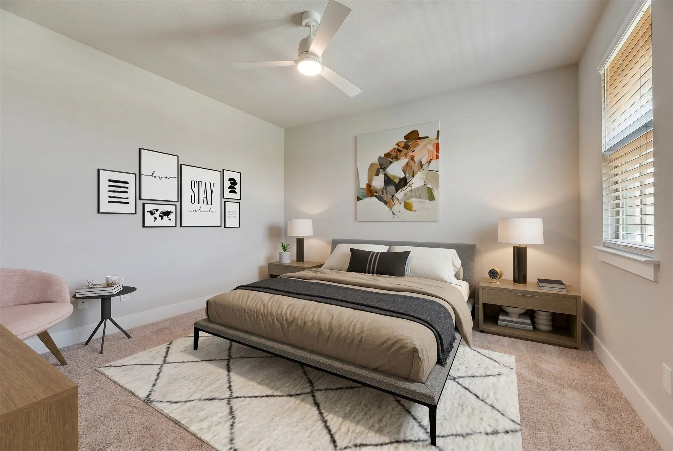 Spacious bedroom featuring neutral wall tones, window with blinds, and a ceiling fan with integrated lighting