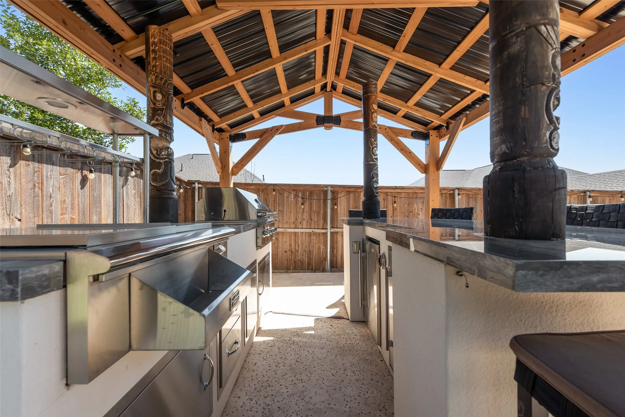 Covered outdoor bba gazebo with grill, appliances