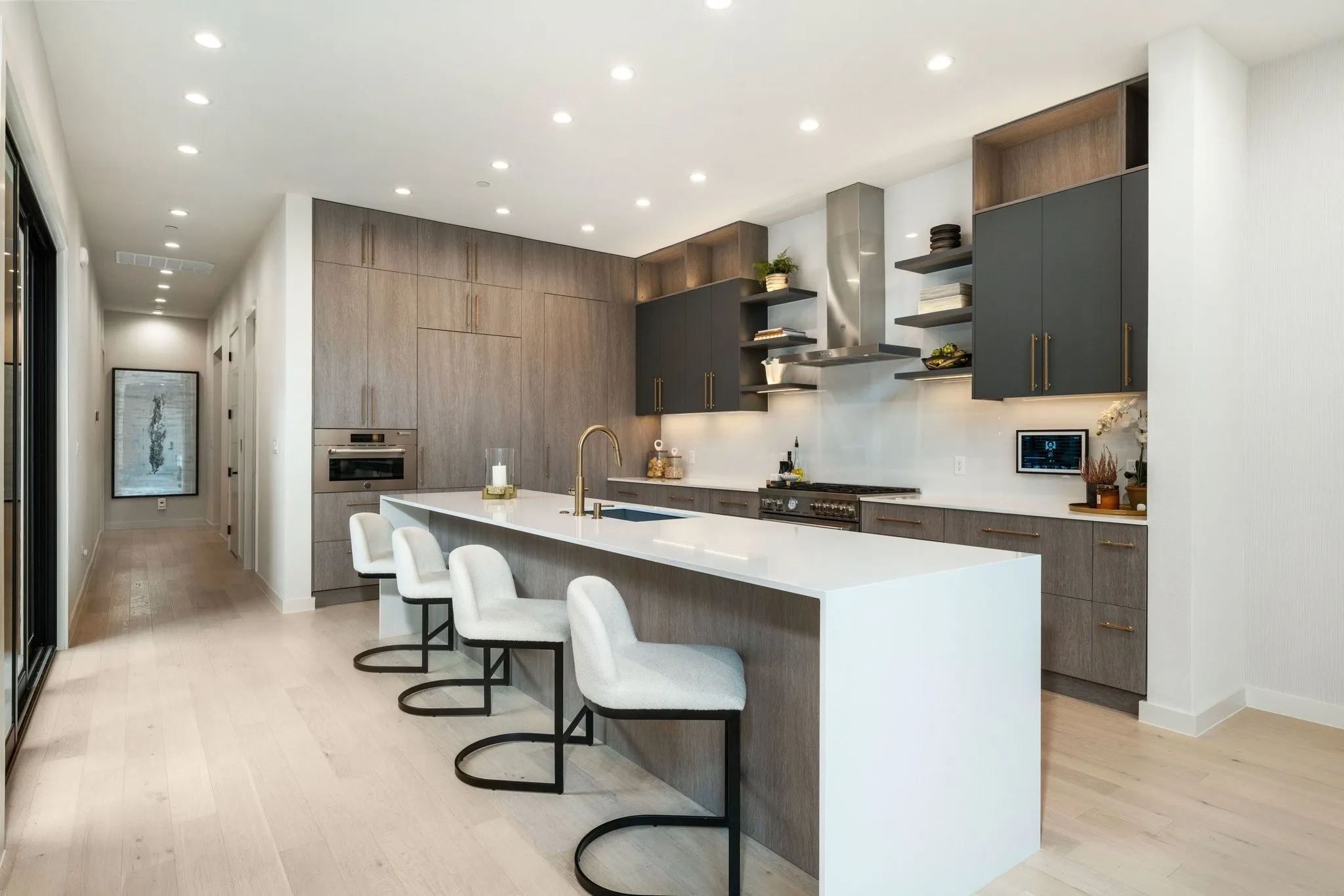 Kitchen featuring open shelves, Bertazonni built in appliances ventilation hood, modern cabinets, and recessed lighting