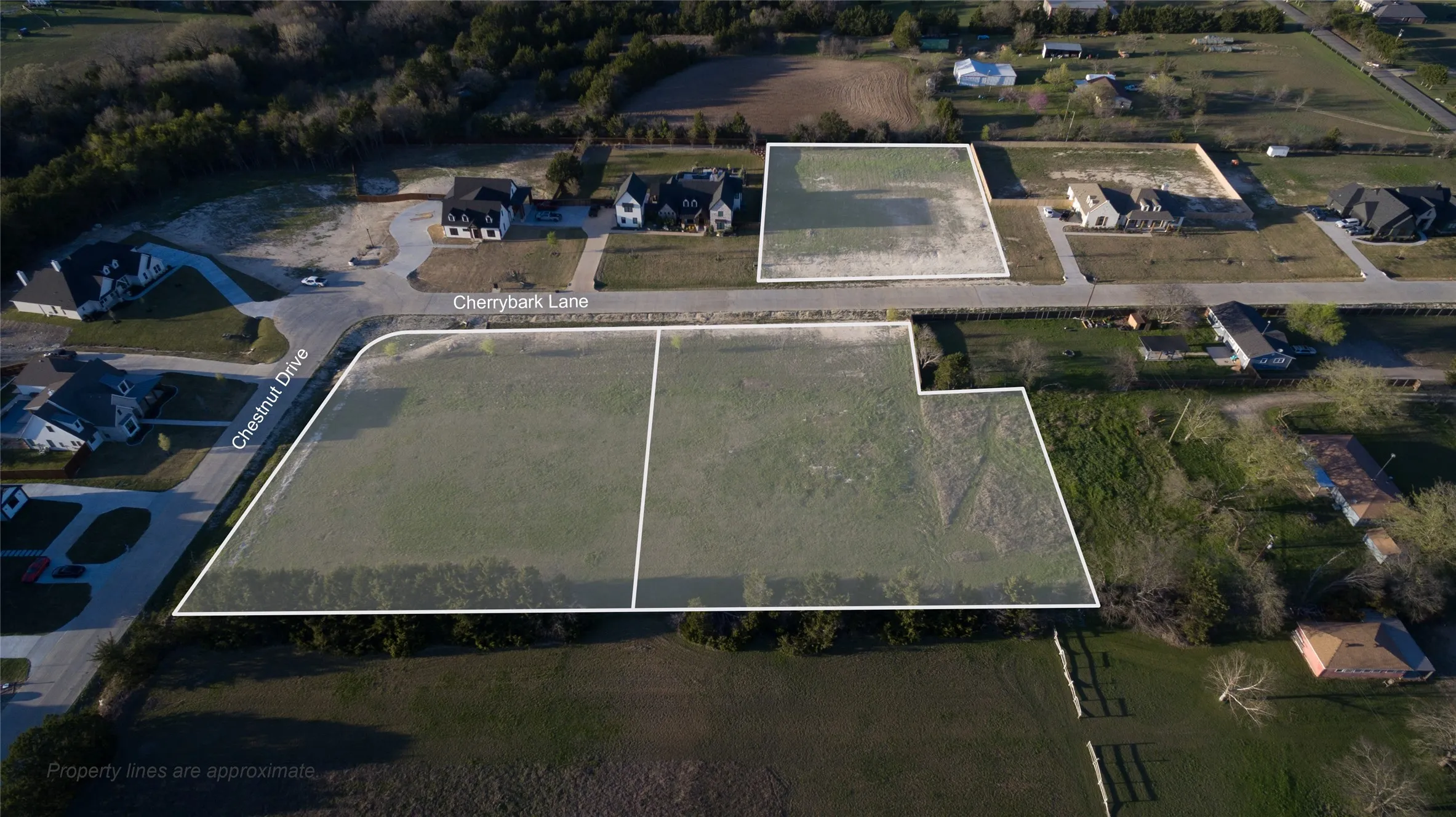 Aerial overview of property's location featuring property parcel outlined