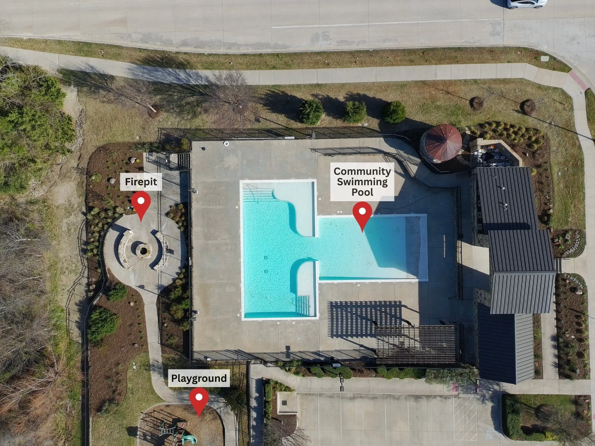 Community Center with pool, firepit, and playground