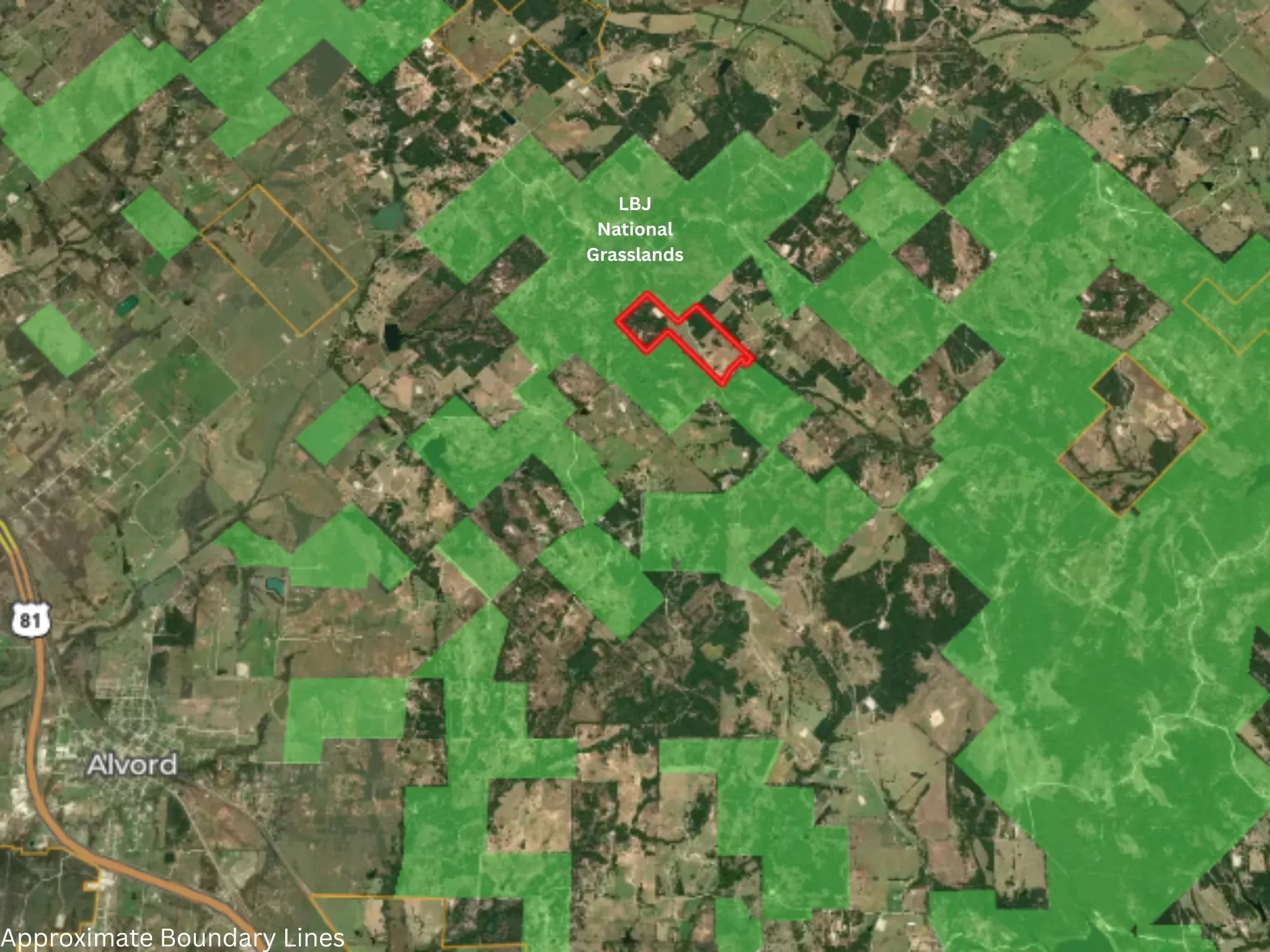 Showing Approximate Boundary Lines of property and the LBJ National Grasslands