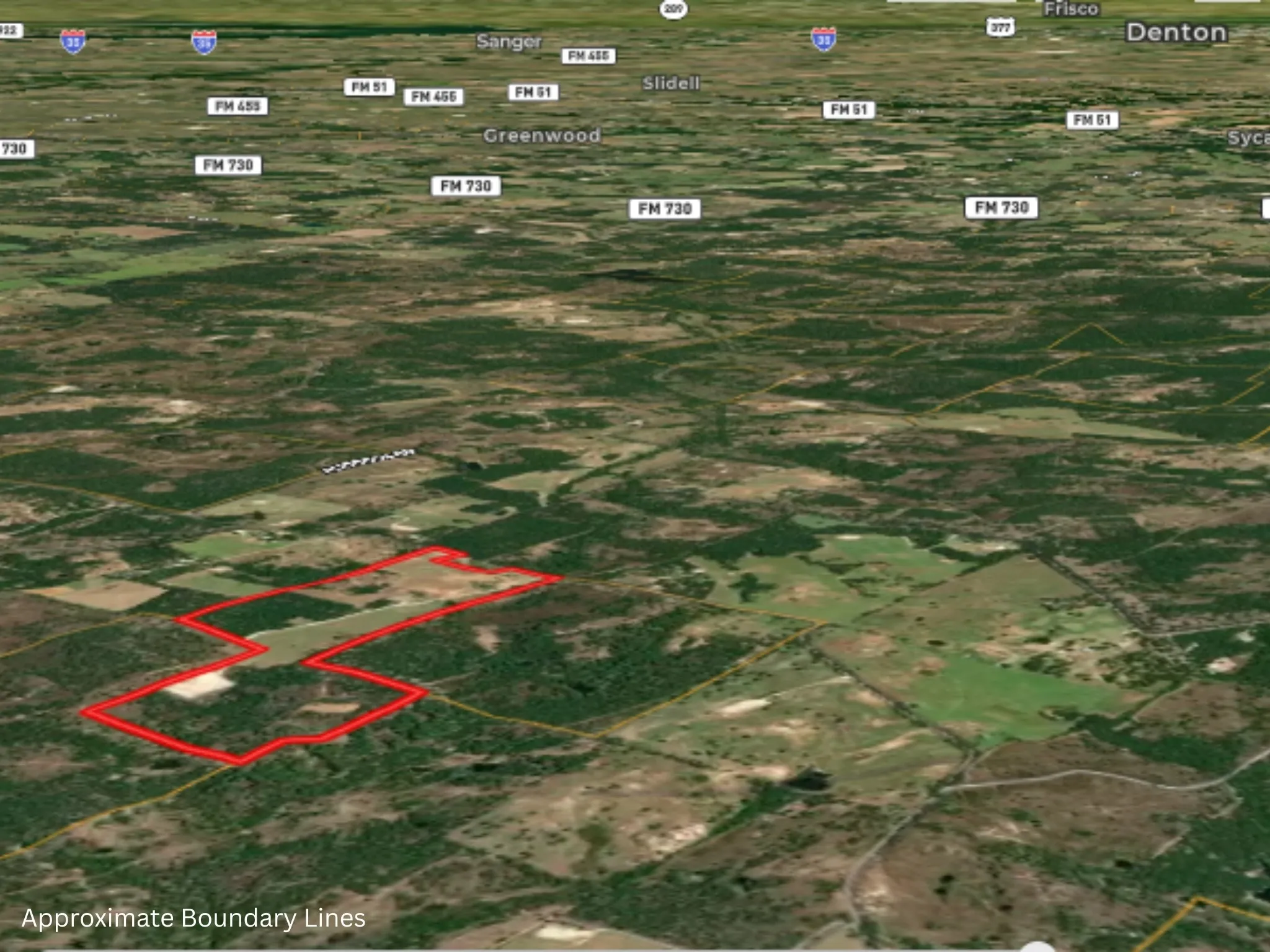 Approximate Boundary Lines showing Proximity to Denton, Frisco, and Sanger