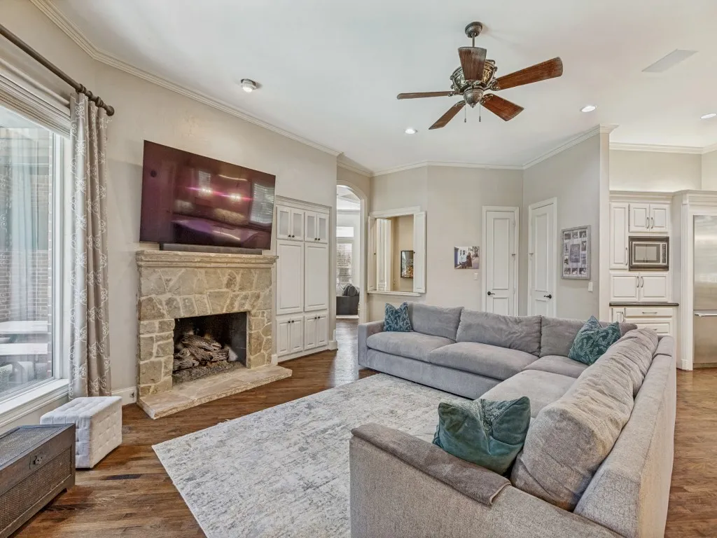 Austin stone fireplace in the family room.