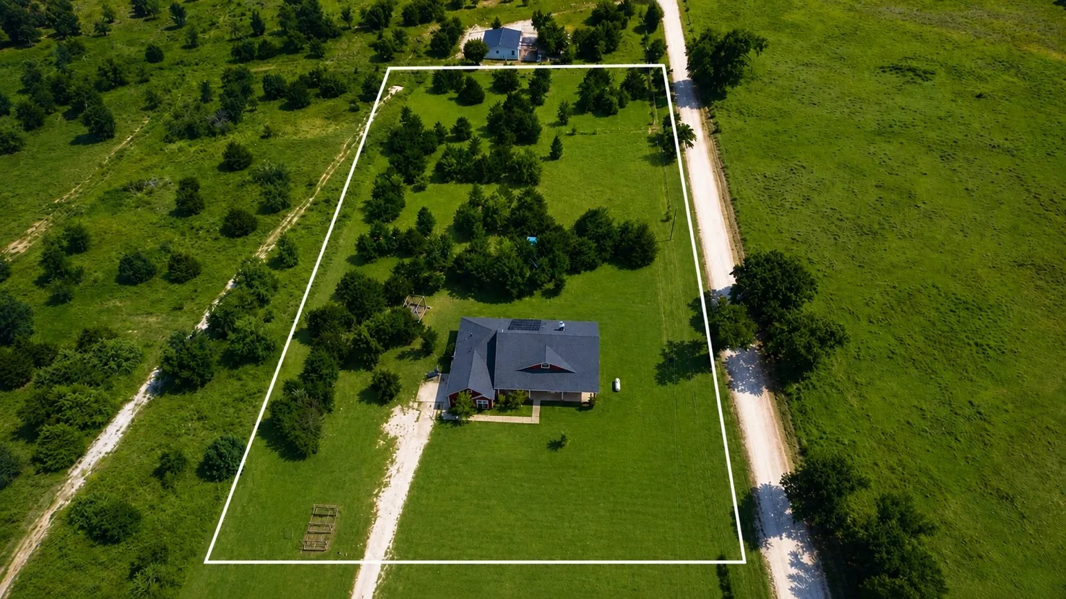 Expansive green property featuring a single-story residence with a dark roof and covered porch