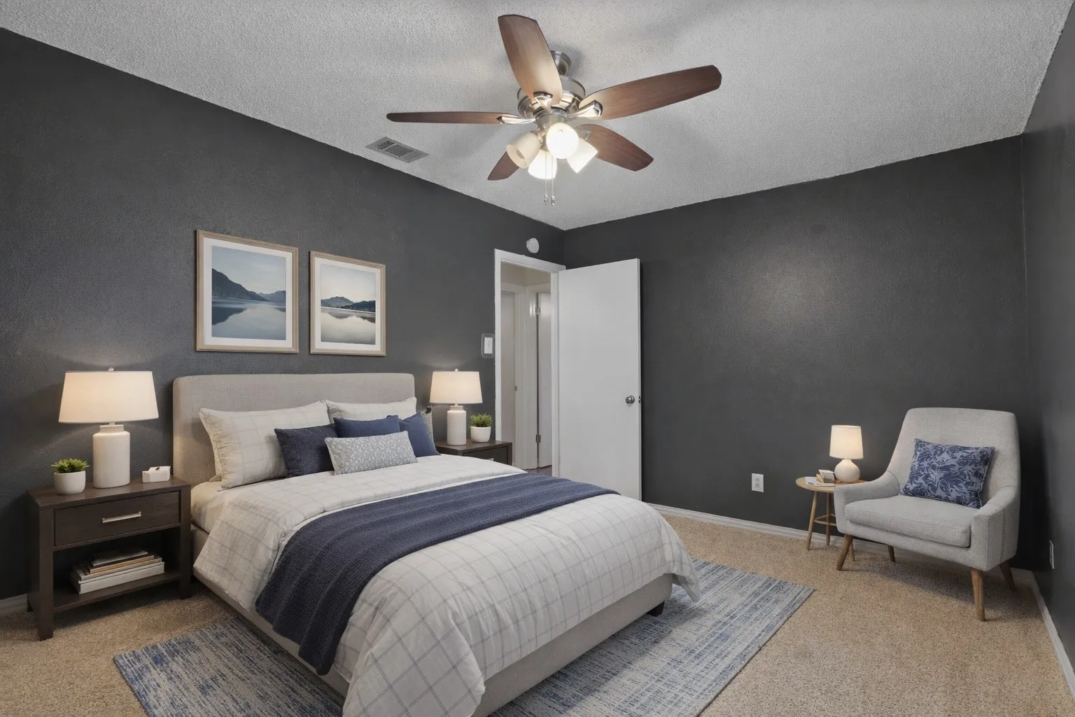Virtually staged bedroom showcasing layout and potential. Furniture and décor are digitally added to help visualize the space while the room itself remains unchanged.