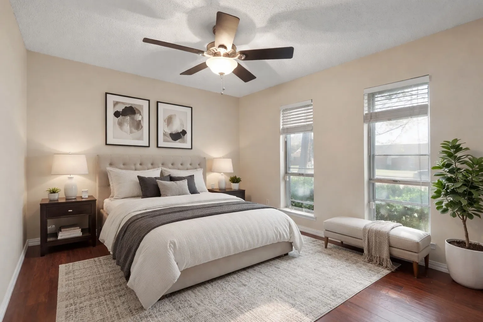 Virtually staged bedroom showcasing layout and potential. Furniture and décor are digitally added to help visualize the space while the room itself remains unchanged.