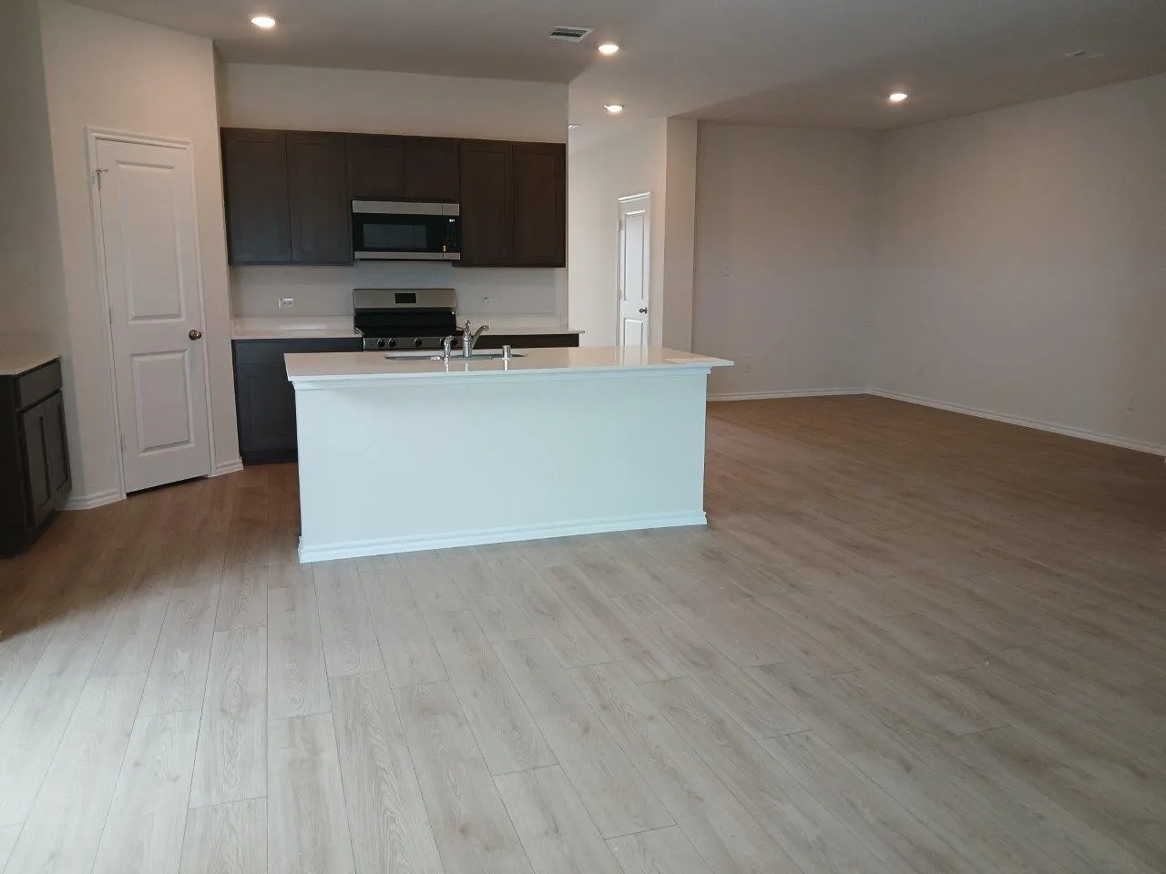 Open-concept living area featuring light wood-finish flooring