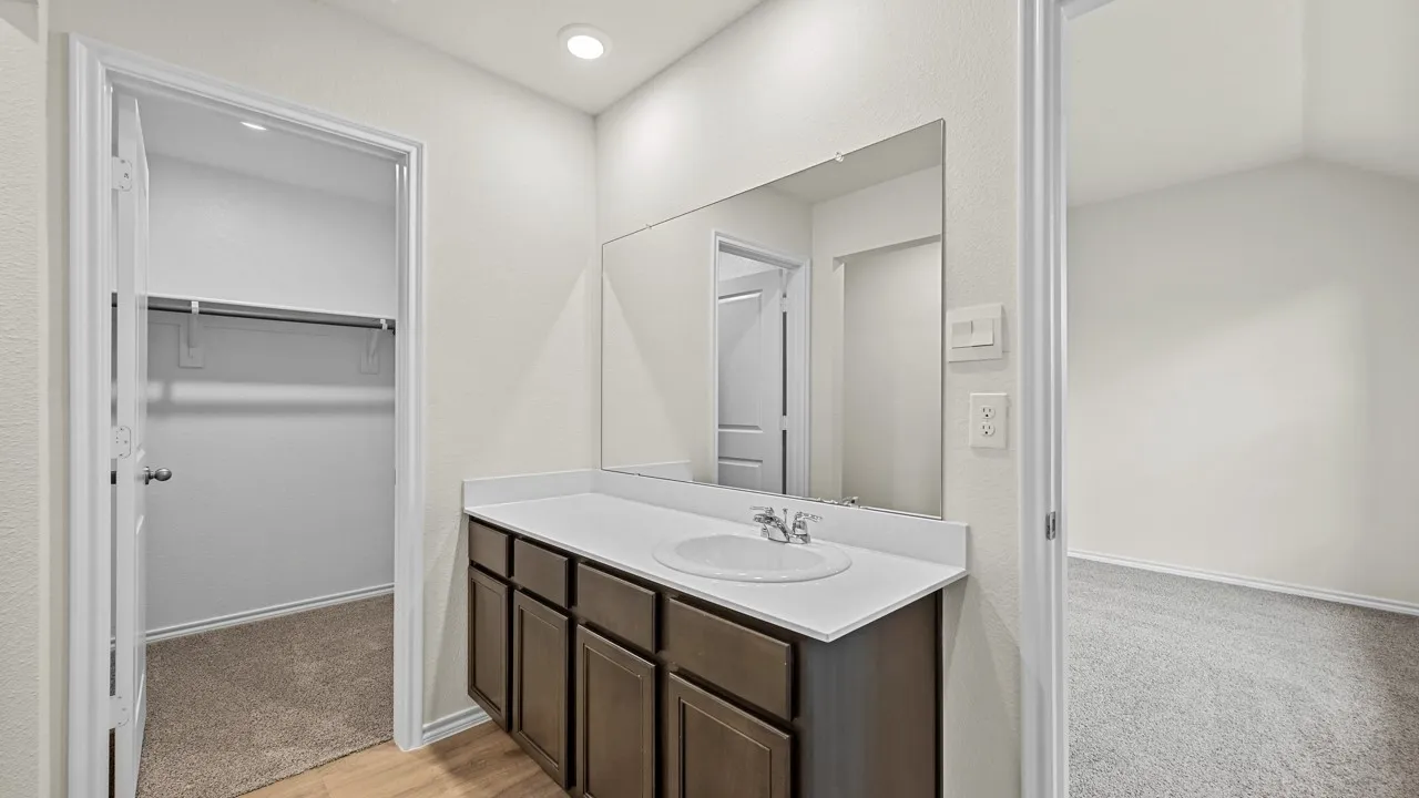 Bathroom with light colored carpet, vanity, and a spacious closet