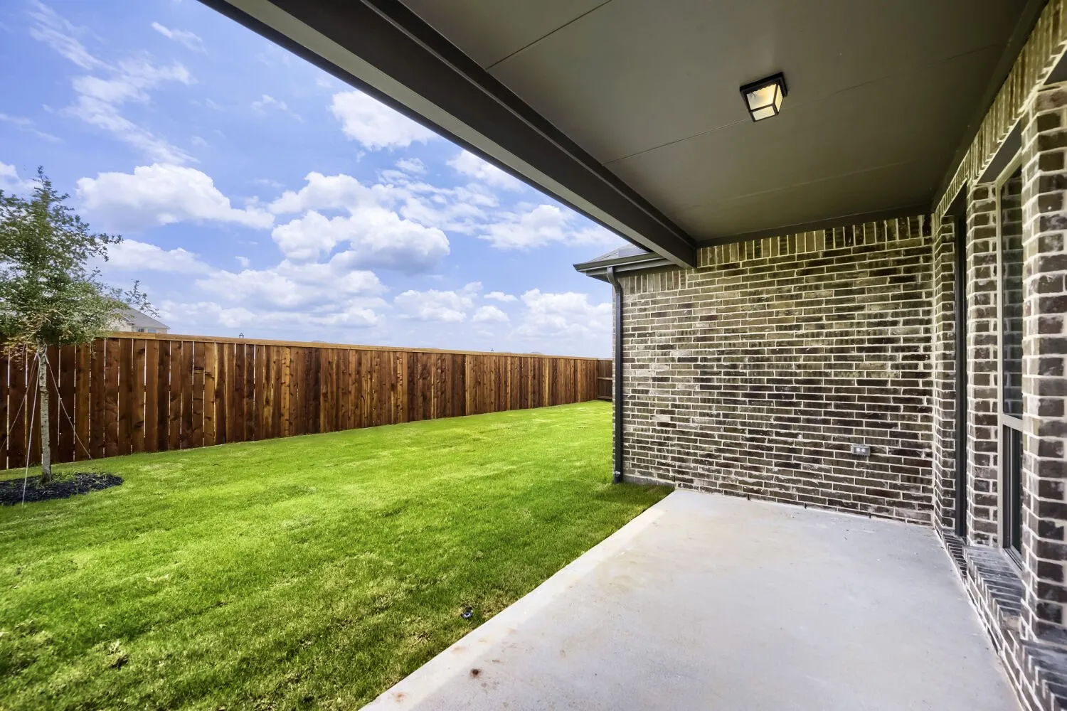 Expansive backyard featuring a manicured lawn, a full wood privacy fence, and a young tree