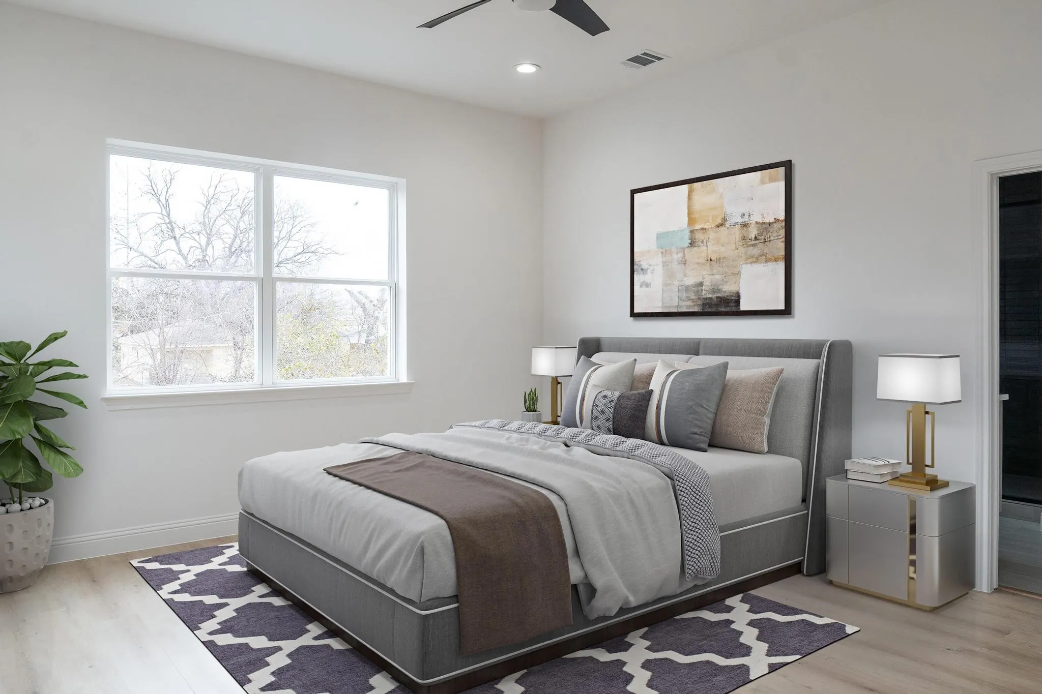 Bedroom with wood finished floors, recessed lighting, and ceiling fan