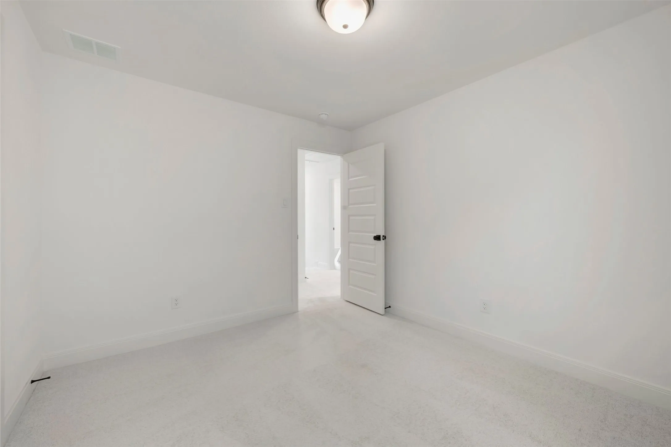 Carpeted interior room with neutral wall finishes and a flush-mount ceiling light fixture