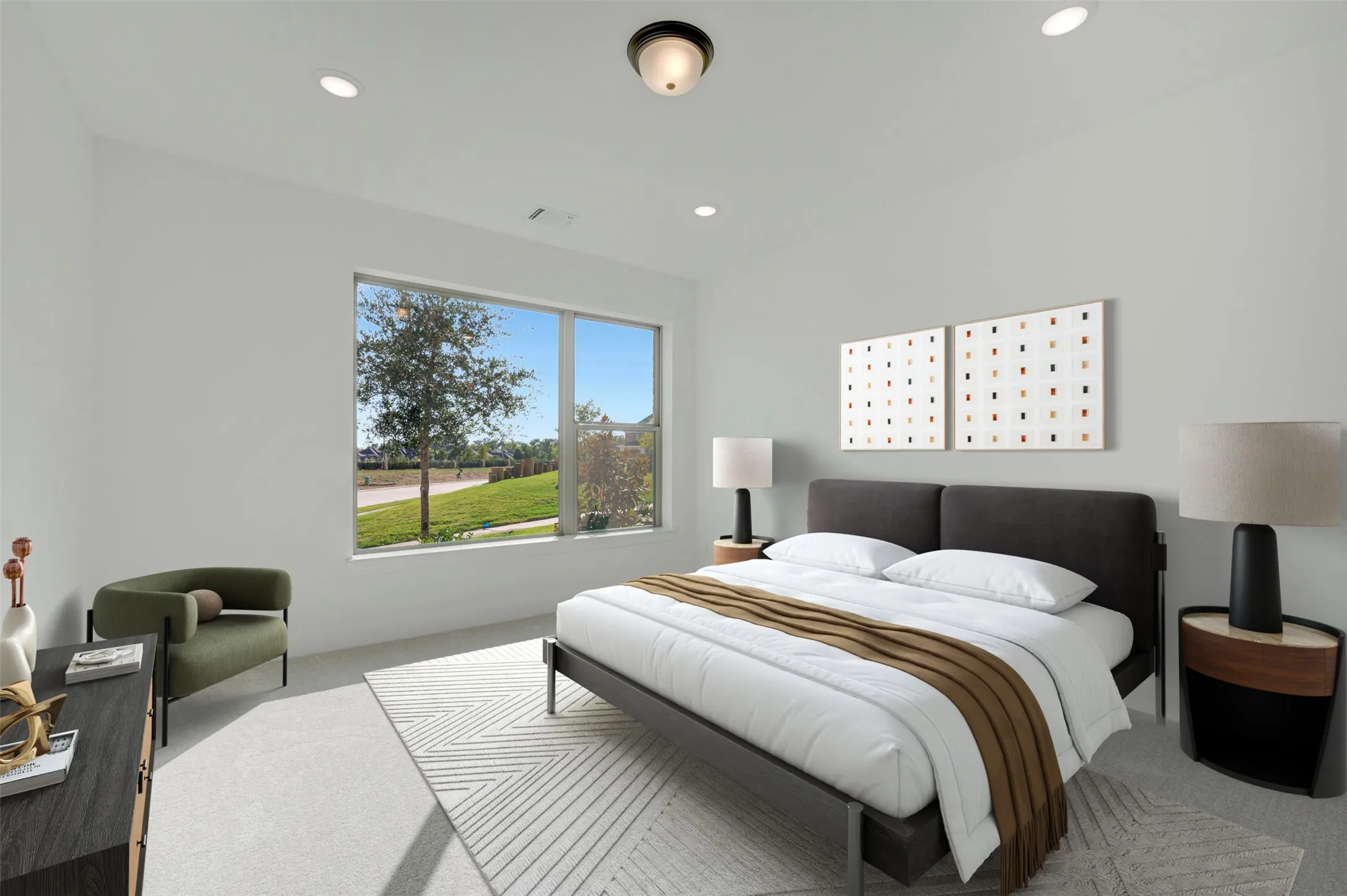 Spacious room featuring light gray carpeting, recessed lighting, a large window, and a central ceiling light fixture