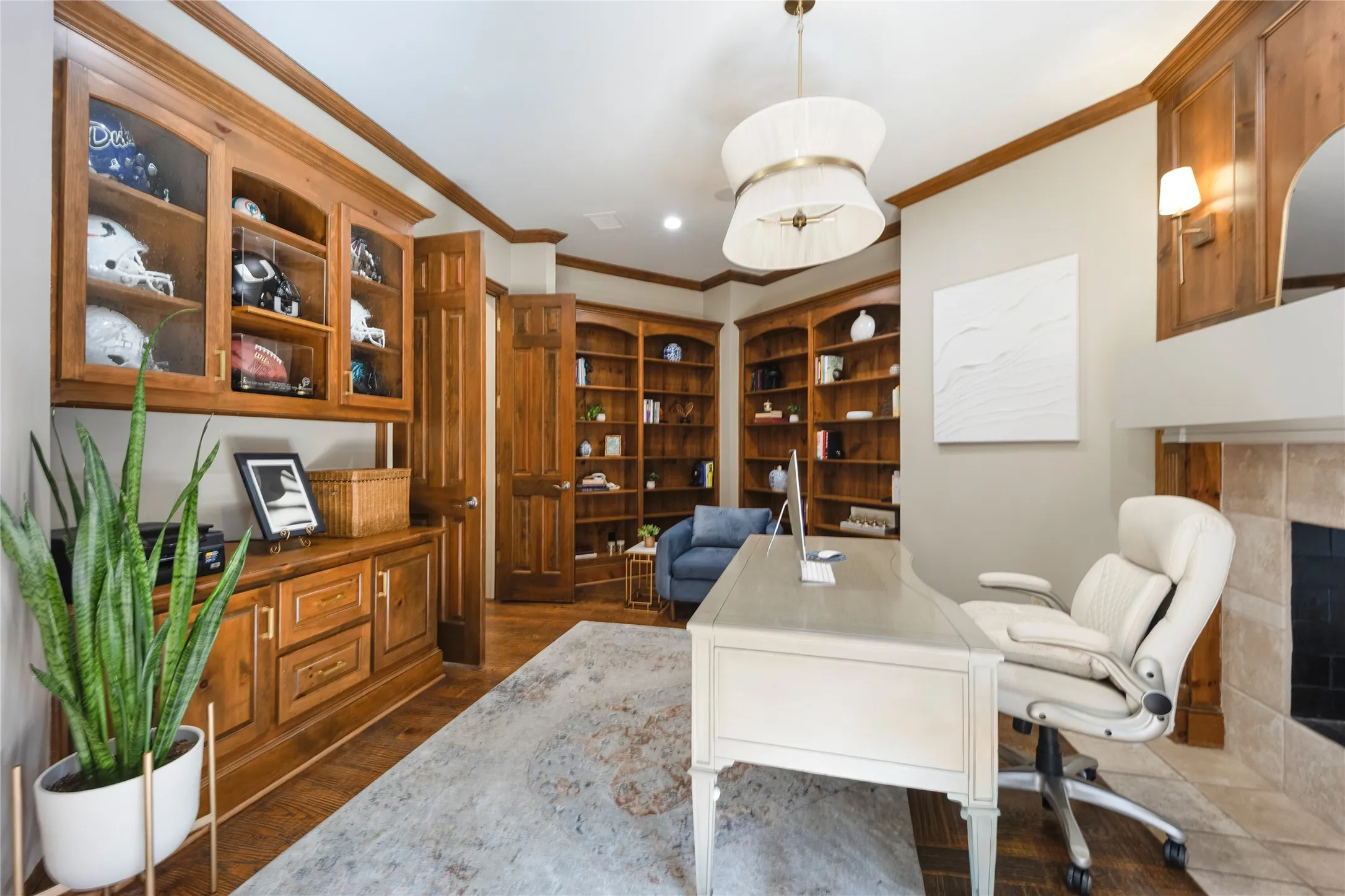 Handsome library with built-ins, fireplace and private terrace just through the french doors.