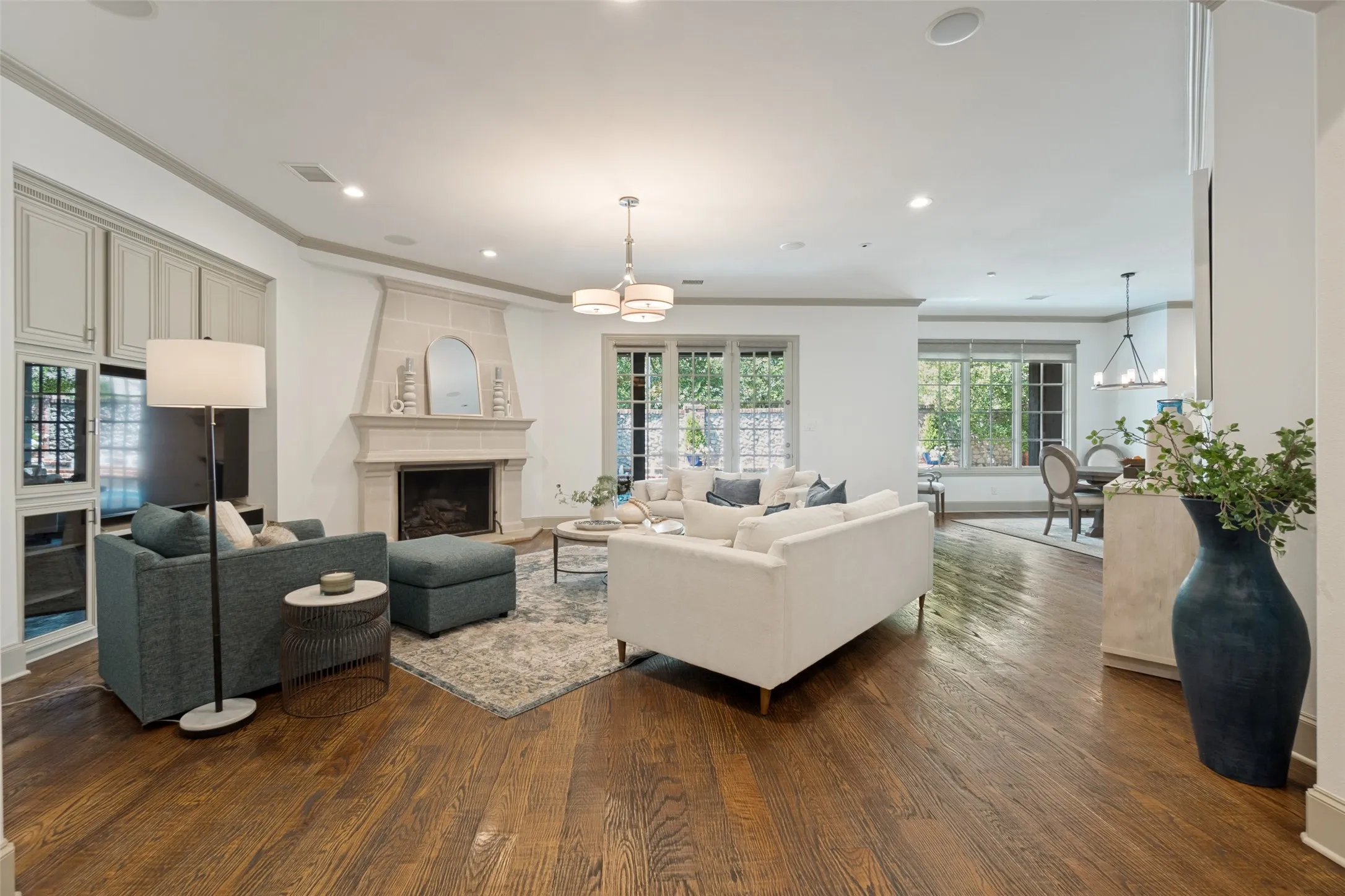 A cozy fireplace and built in entertainment system.