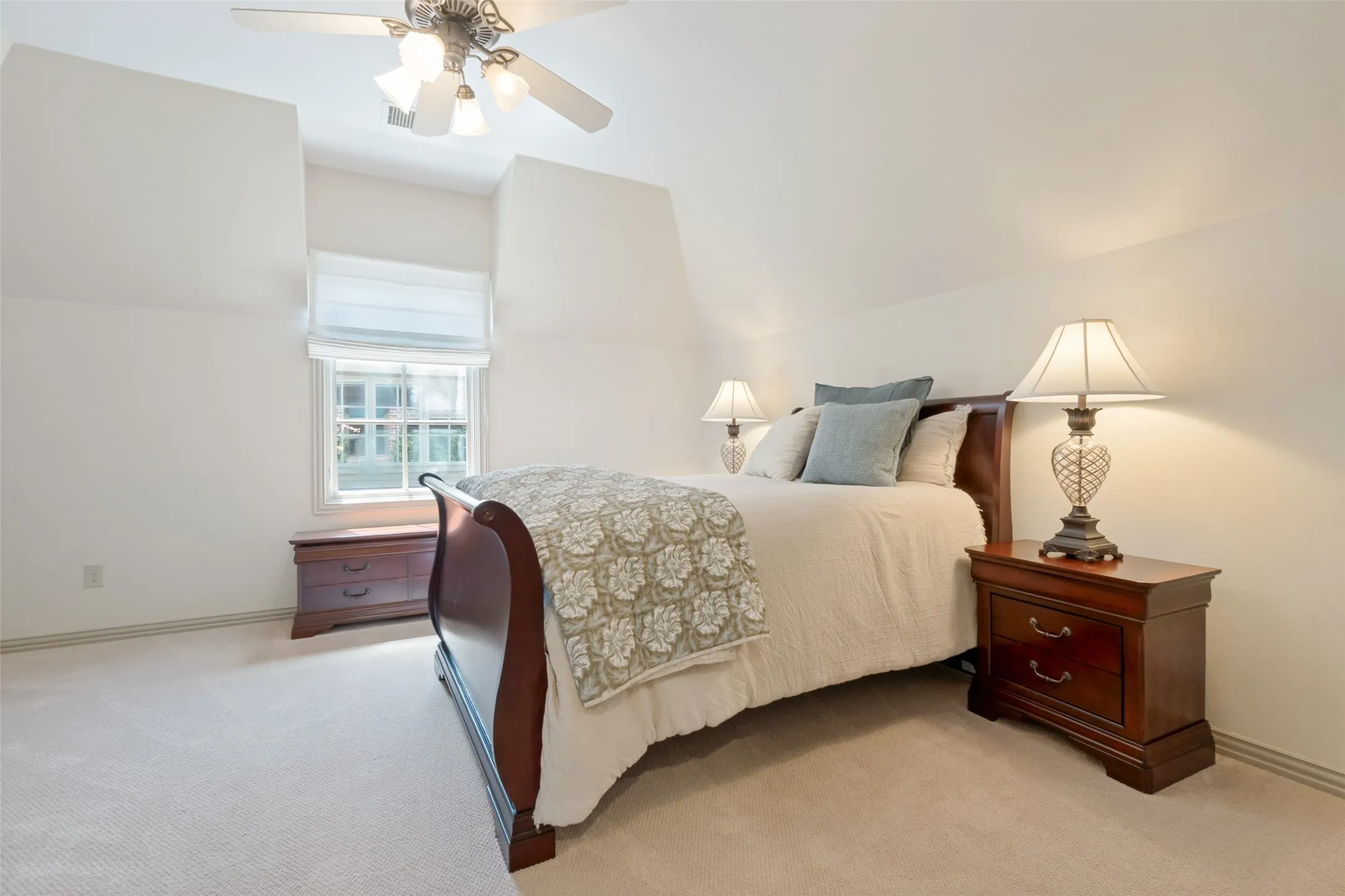 One of four secondary upstairs bedrooms, each oversized and has own private bath. Each en-suite bedroom has unexpectedly large walk-in closet. Casement windows throughout. Most upstairs bedroom windows have been replaced.